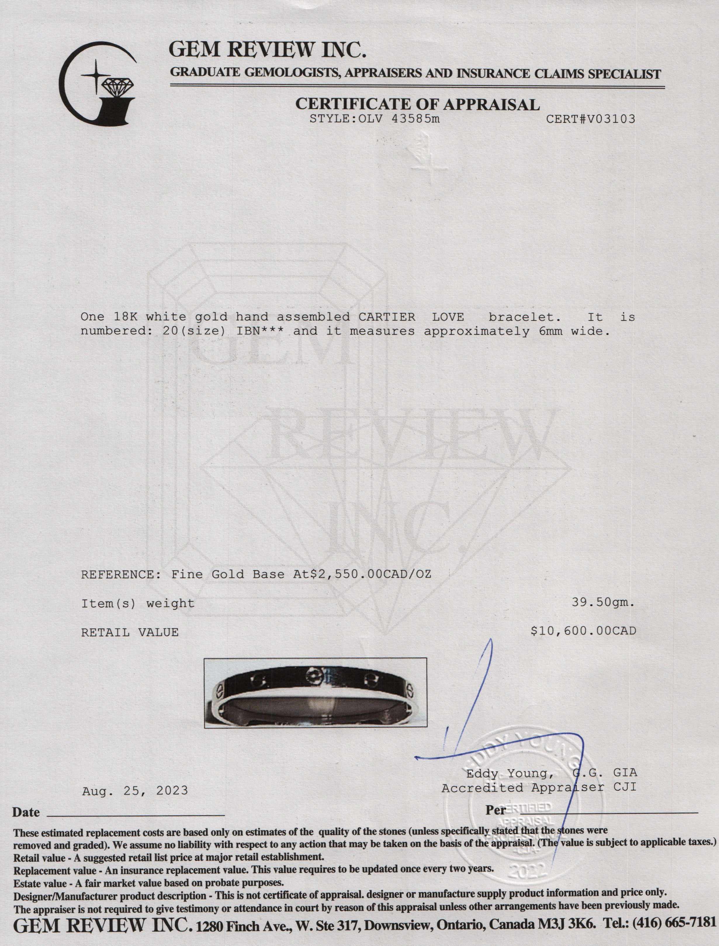 Cartier 18k White Gold Love Bracelet, Size 20 w/ Certificate