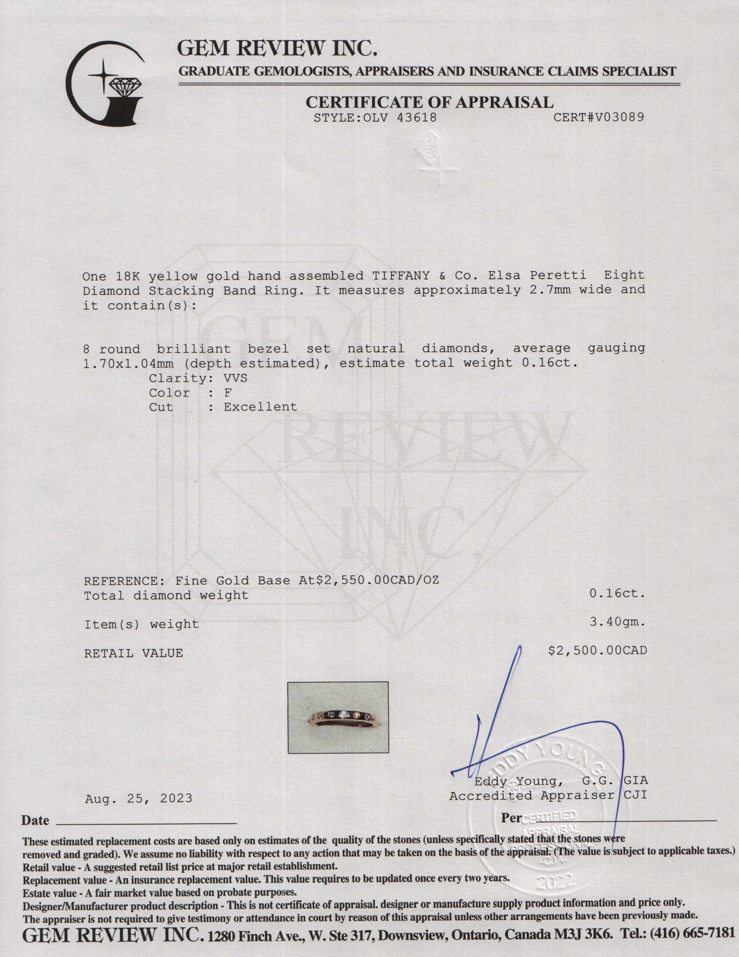 Tiffany & Co. Elsa Peretti 18k Yellow Gold Eight Diamond Stacking Band Ring w/ Box & Receipt