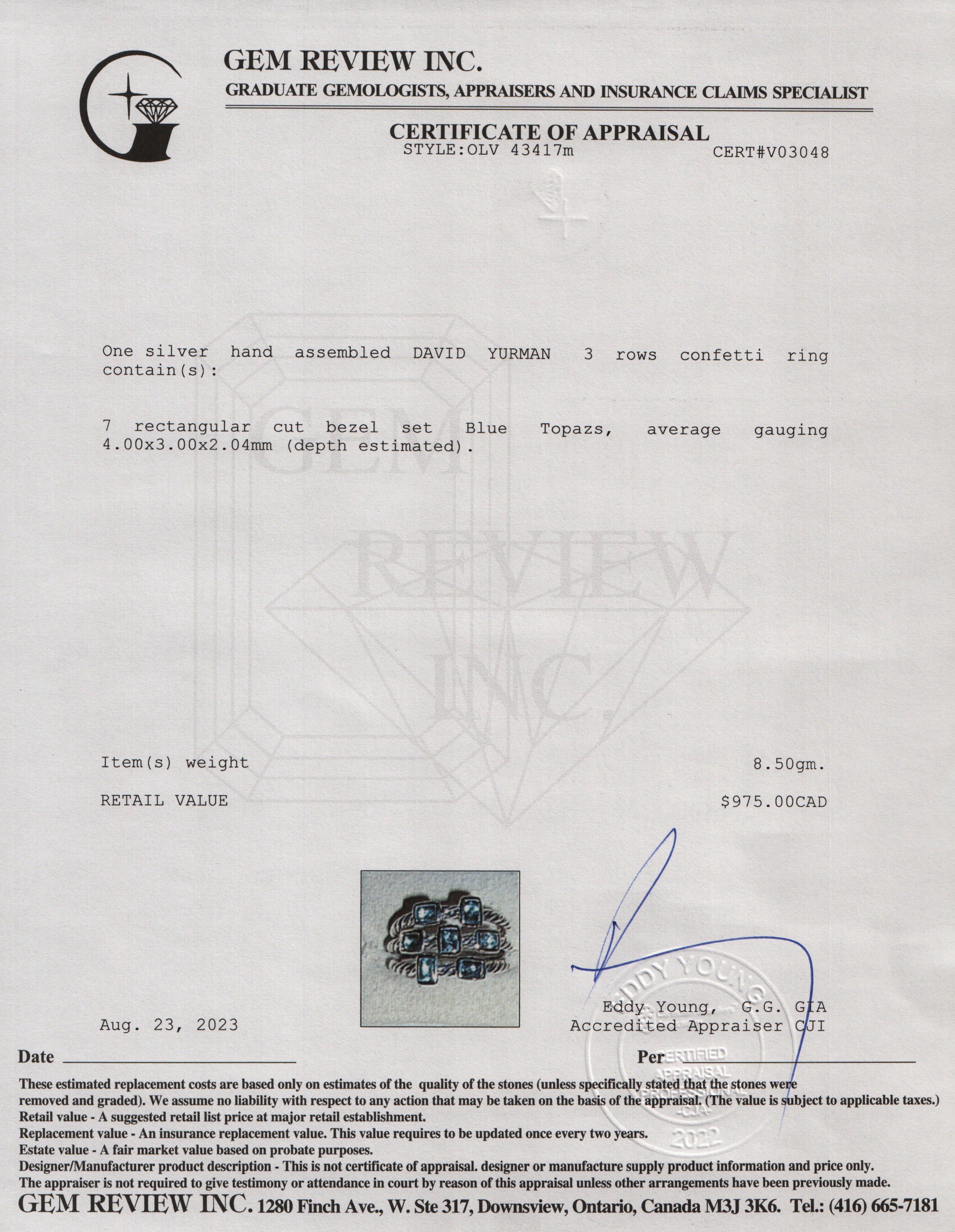 David Yurman Sterling Silver Three-Row Confetti Ring with Blue Topaz