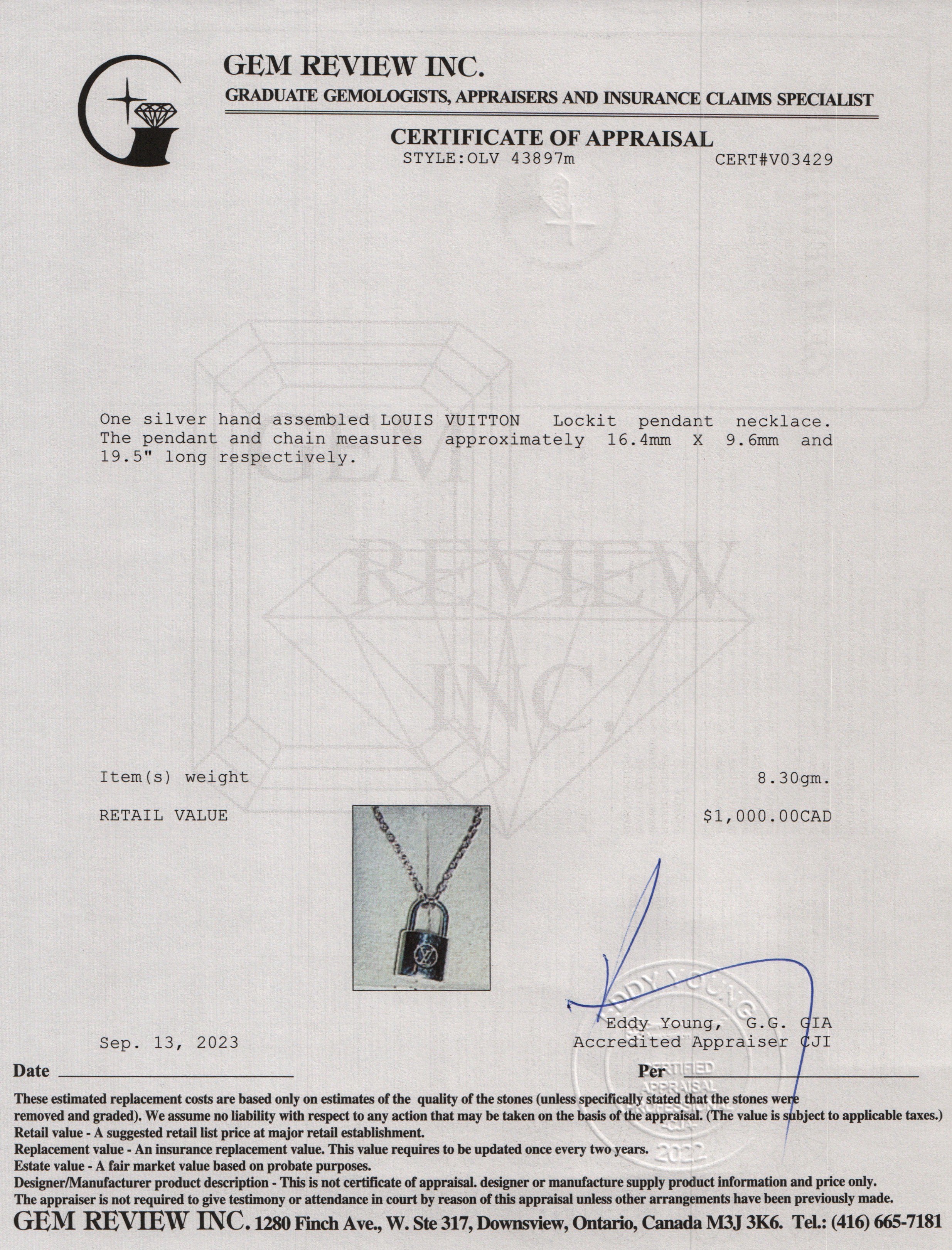 Louis Vuitton Sterling Silver Lockit Pendant Necklace w/ Box