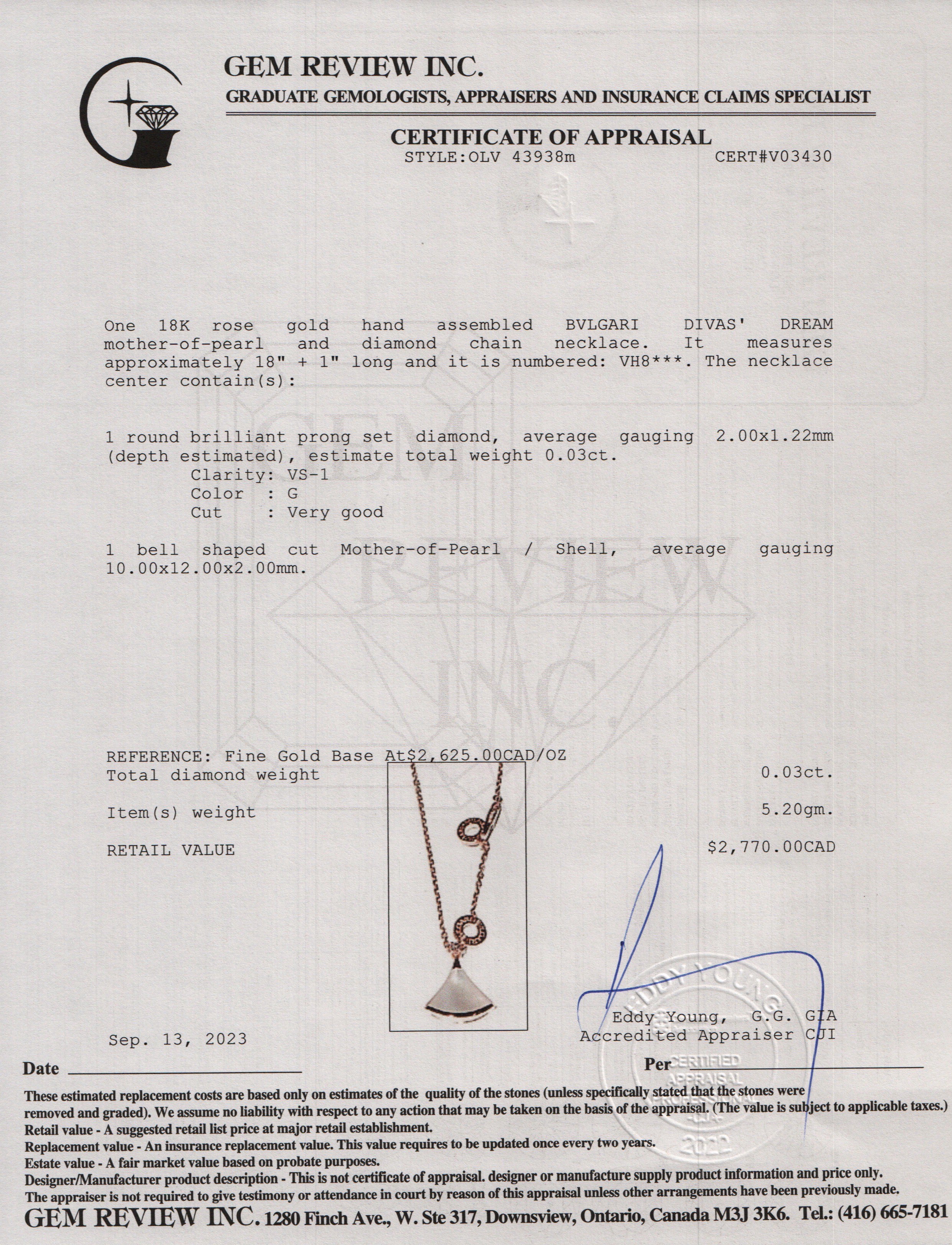 BVLGARI 18k Rose Gold Mother of Pearl & Diamond Diva's Dream Pendant Necklace w/ Box & Certificate