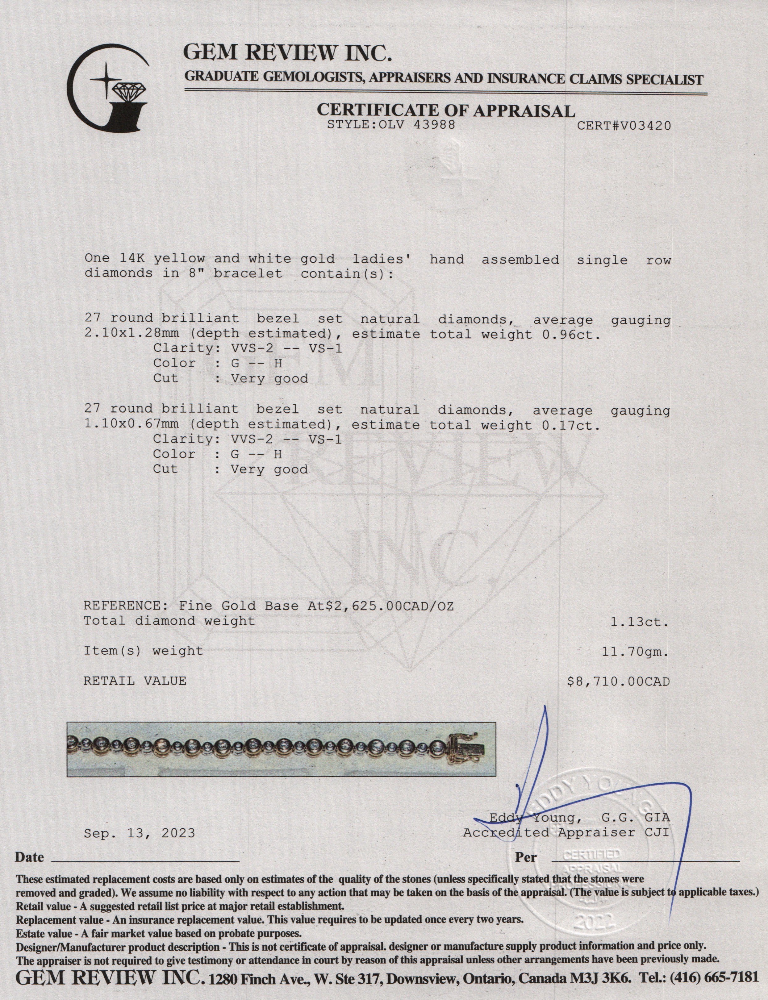 14k Yellow & White Gold 1.13 tcw. Diamond Tennis Bracelet