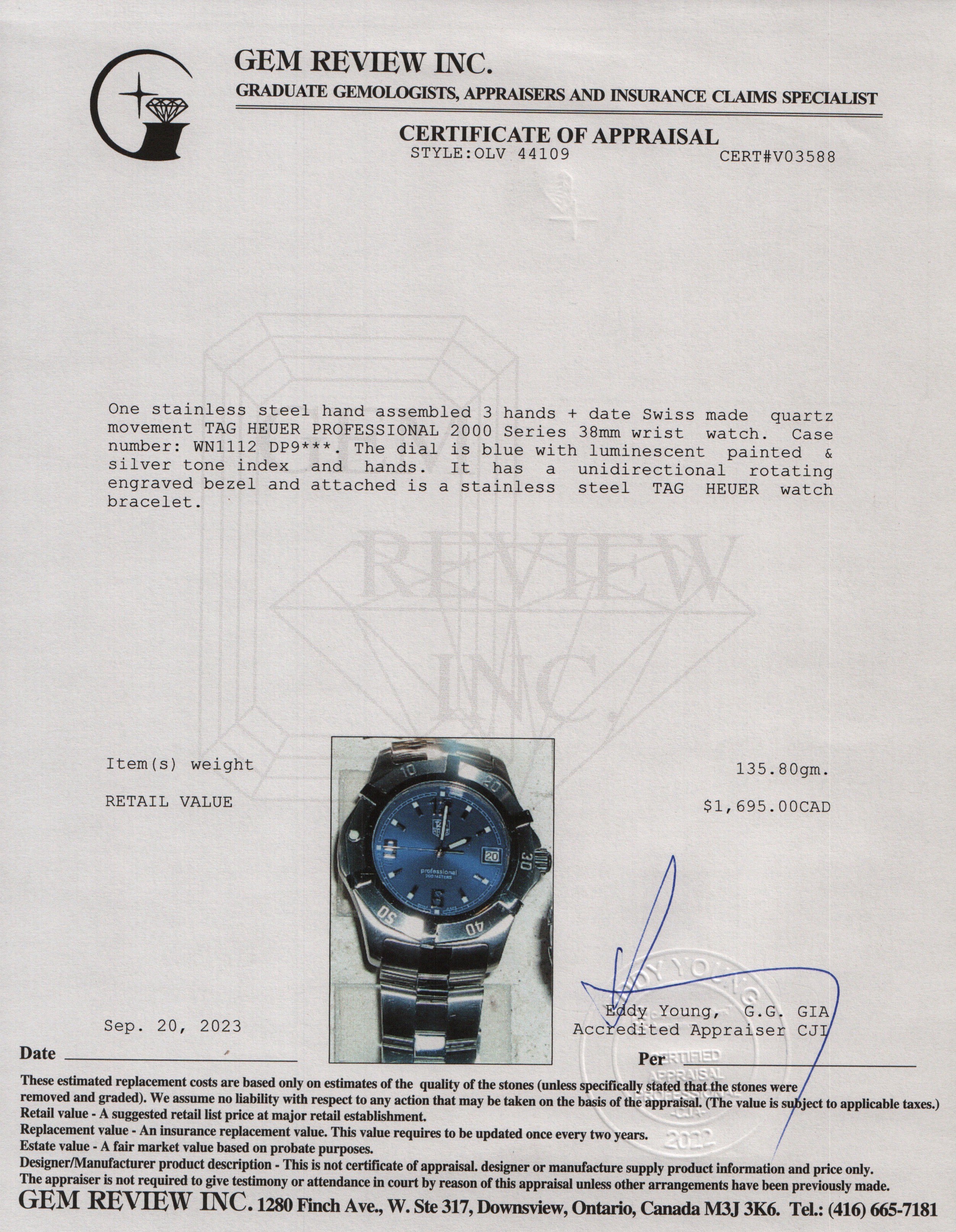 Tag Heuer Stainless Steel Professional 2000 38 MM Watch