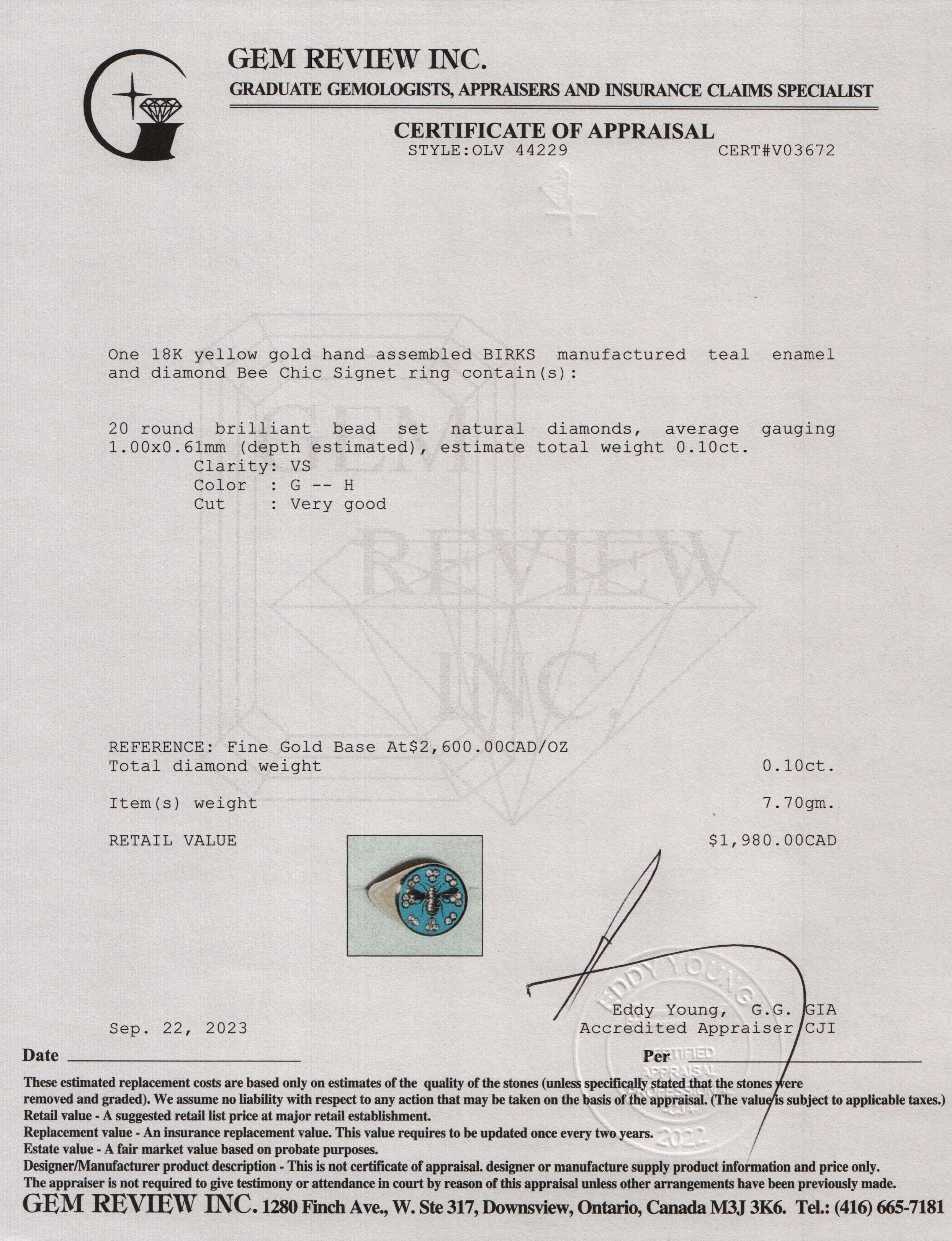 Birks 18k Yellow Gold Teal Enamel & Diamond Bee Chic Signet Ring, Size 7 w/ Box