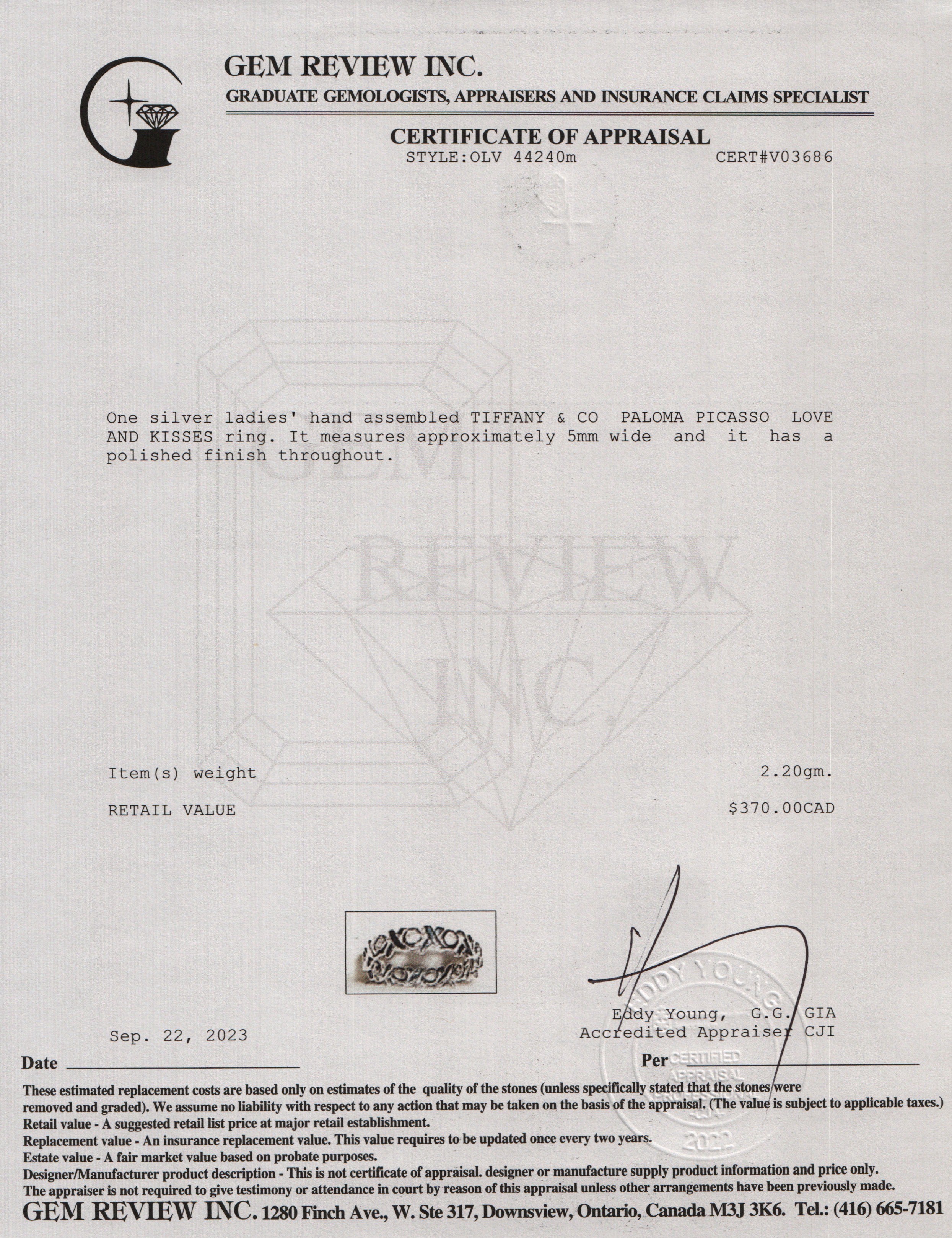 Tiffany & Co. Paloma Picasso Sterling Silver Love and Kisses Band Ring, Size 6.25