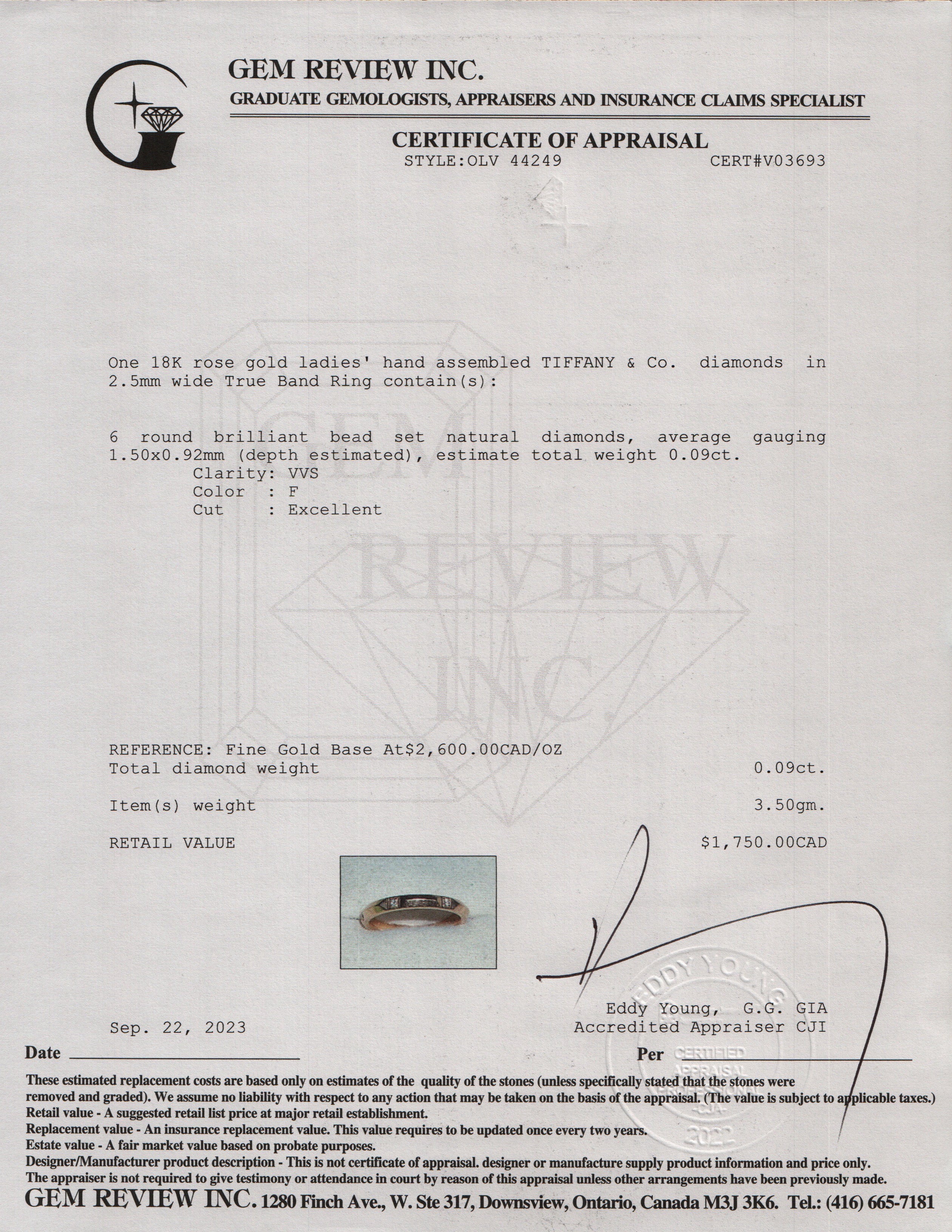 Tiffany & Co. 18K Rose Gold Diamond 2.5 MM True Band Ring, Size 7.5 w/ Box & Receipt