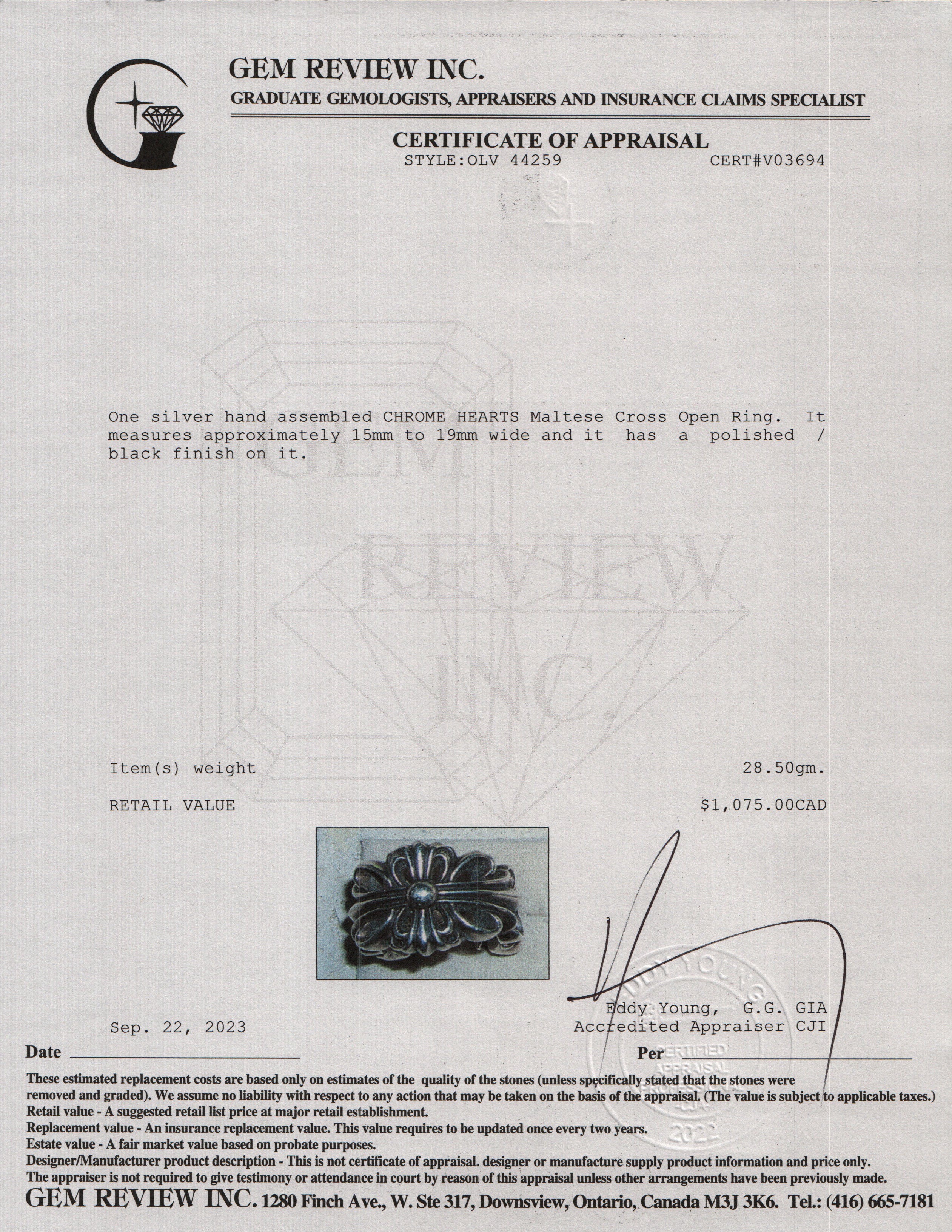 Chrome Hearts Sterling Silver Maltese Cross Open Ring, Size 7.5