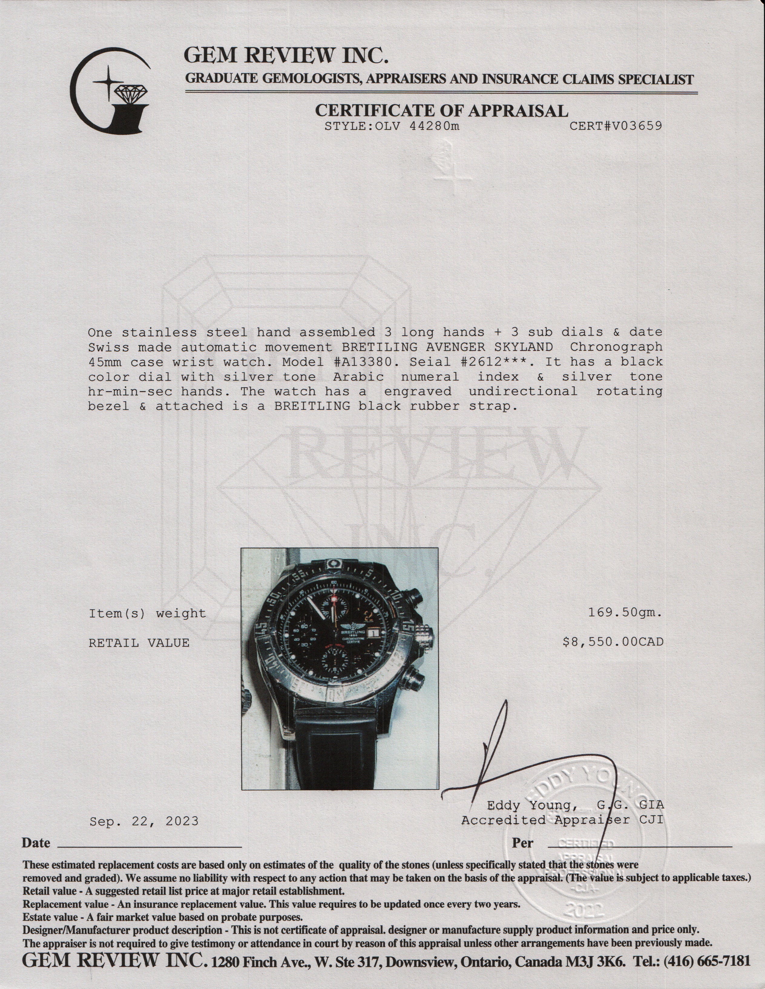 Breitling Stainless Steel Avenger Skyland Automatic Chronograph 45 MM Watch w/ Box & Papers