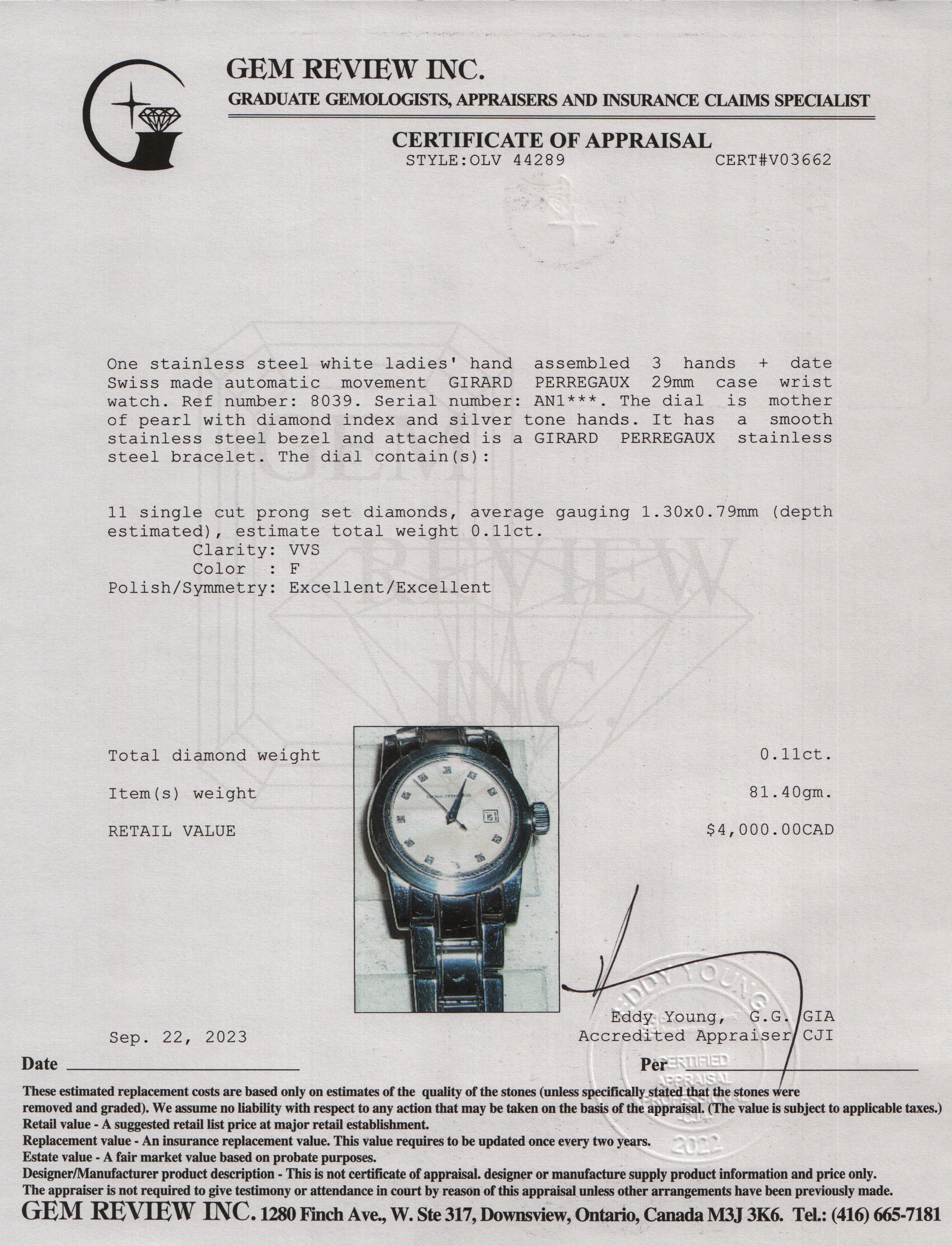 Girard Perregaux Stainless Steel Ladies Date Mother of Pearl Diamond Dial 29 MM Automatic Watch w/ Box & Papers