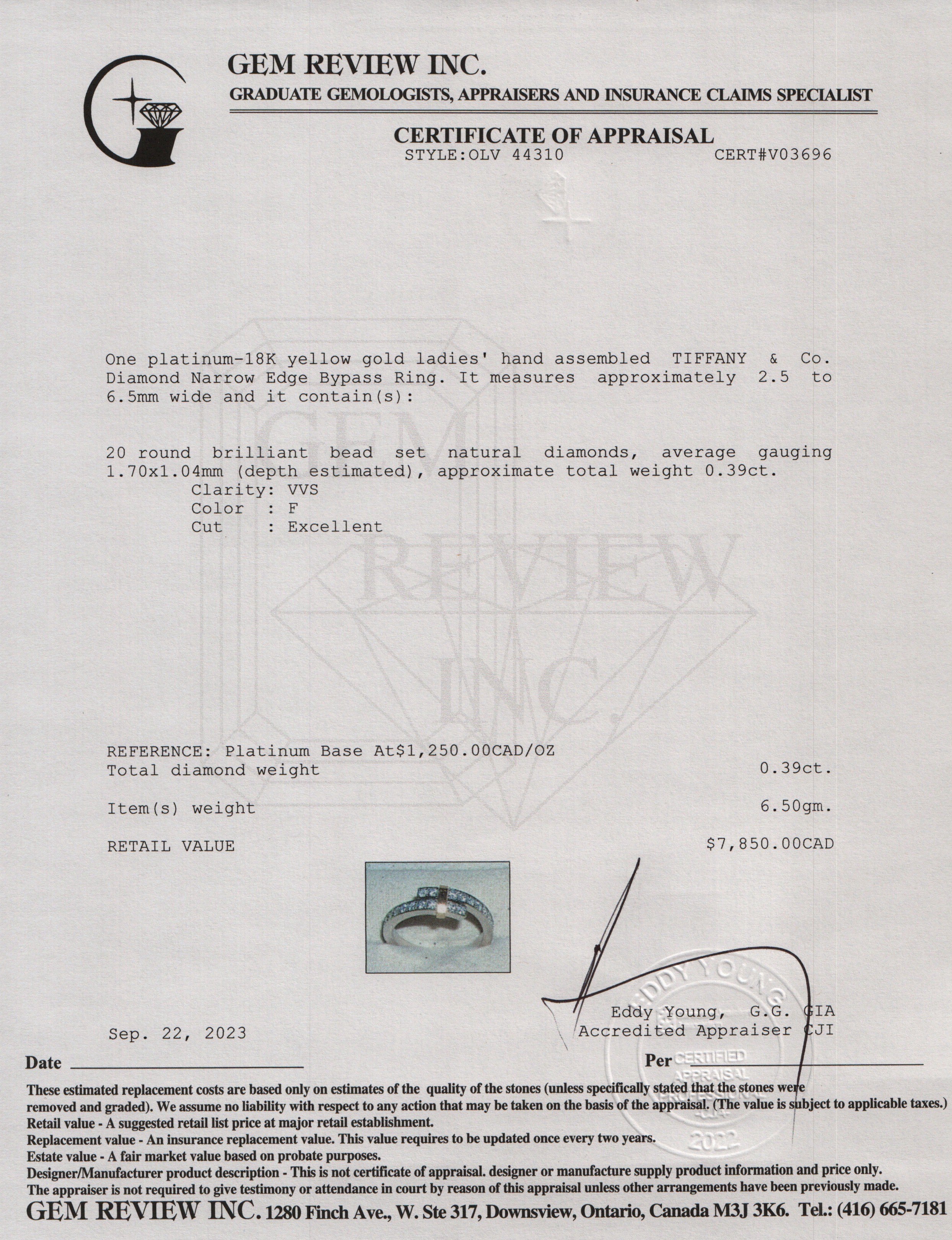 Tiffany & Co. Platinum & 18K Yellow Gold Diamond Narrow Edge Bypass Ring, Size 6