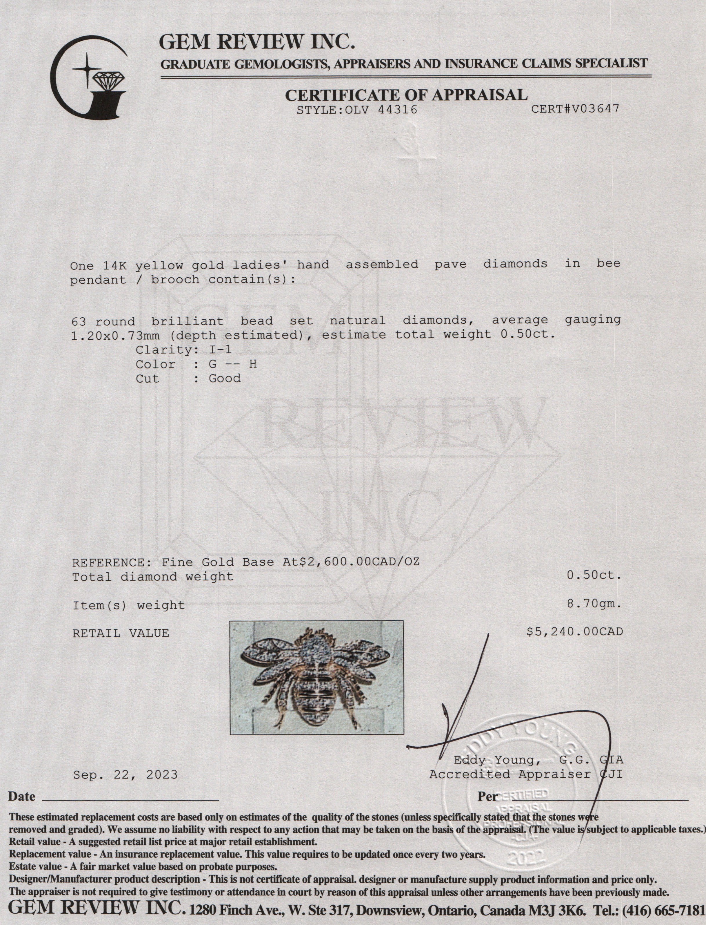 14k Yellow Gold Diamond Bee Brooch