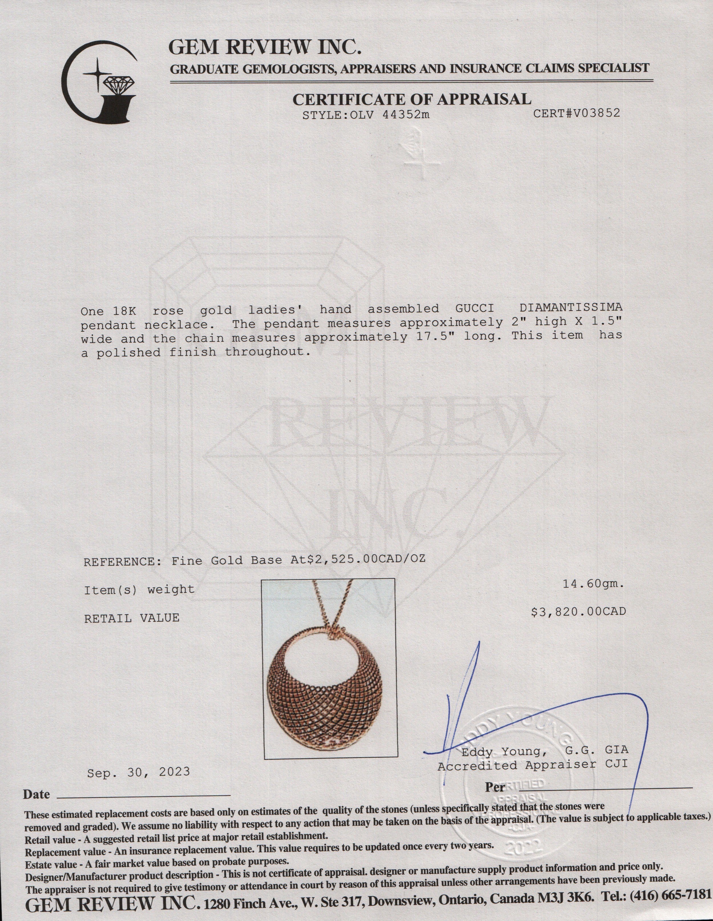 Gucci 18k Rose Gold Diamantissima Oval Pendant Necklace w/ Box