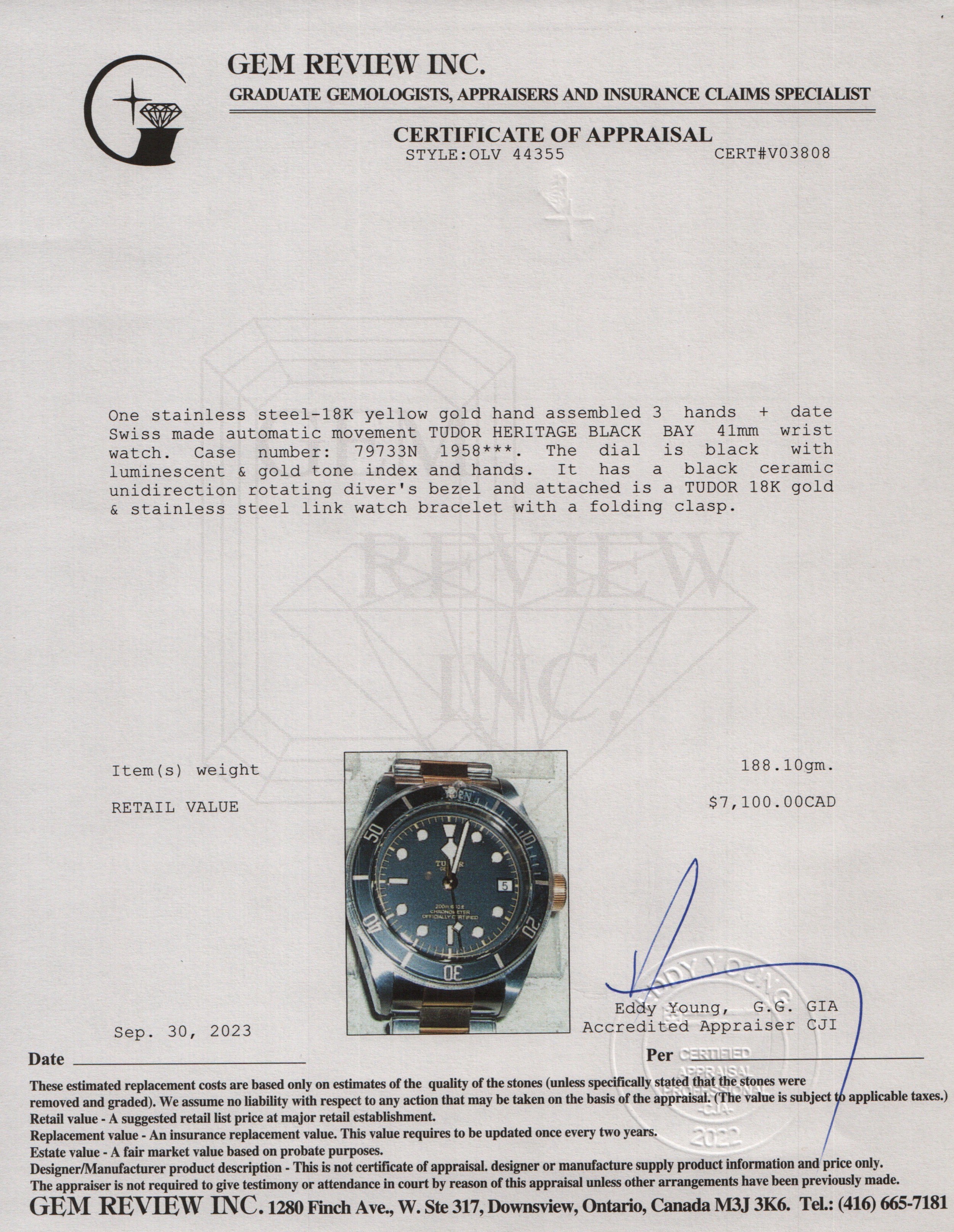 Tudor Stainless Steel & 18k Yellow Gold Black Bay 41 MM Automatic Watch w/ Box & Papers