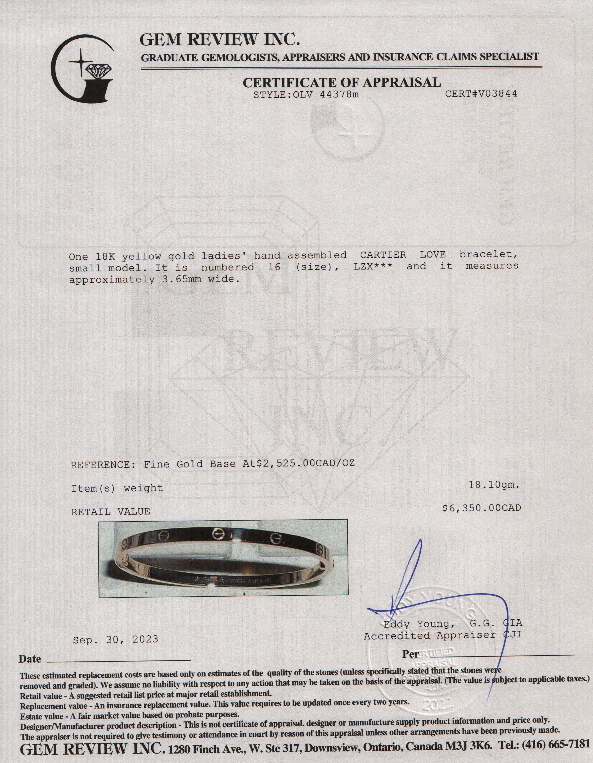 Cartier 18k Yellow Gold 3.65 MM Love Bracelet, Small Model, Size 16 w/ Box, Certificate & Screwdriver