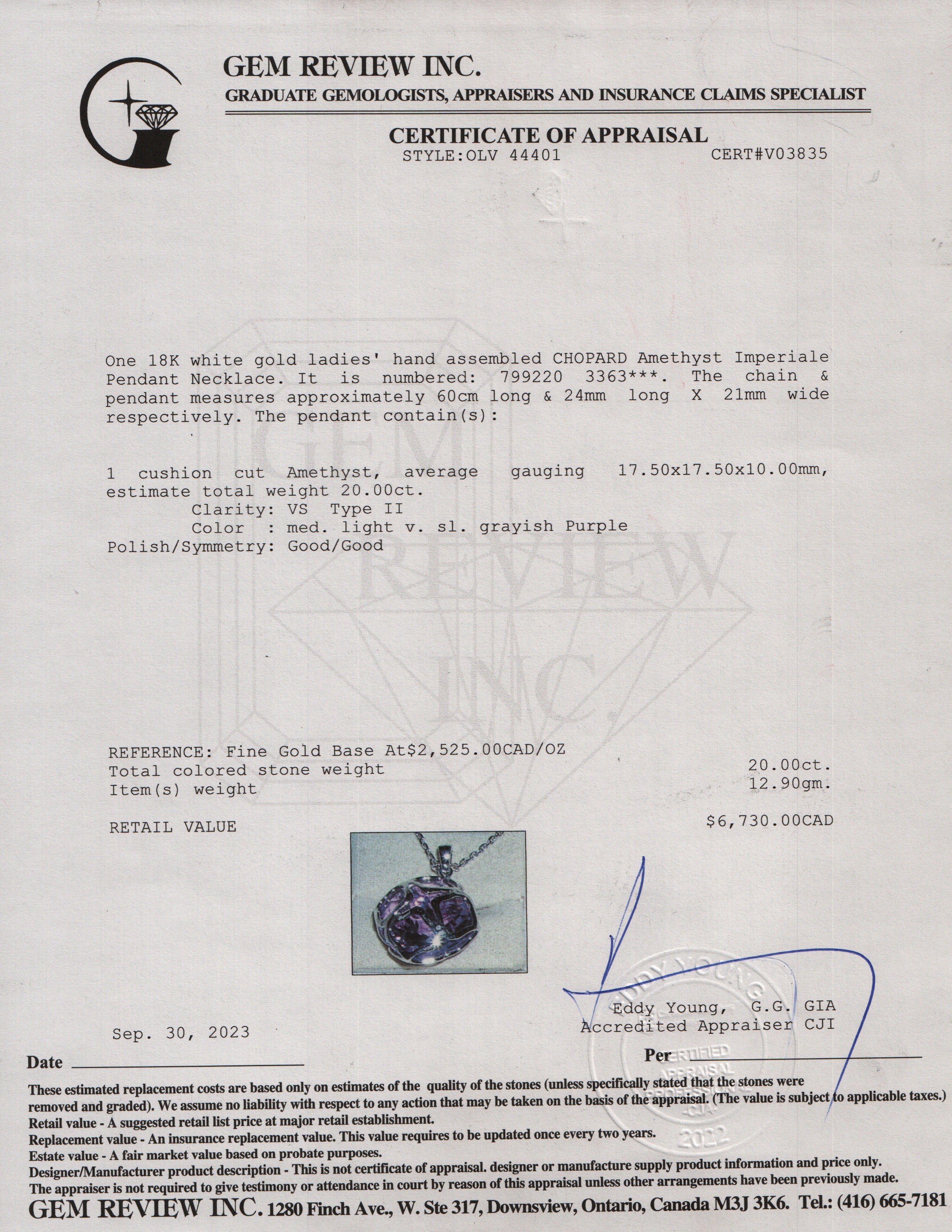 Chopard 18k White Gold Amethyst Imperiale Pendant Necklace