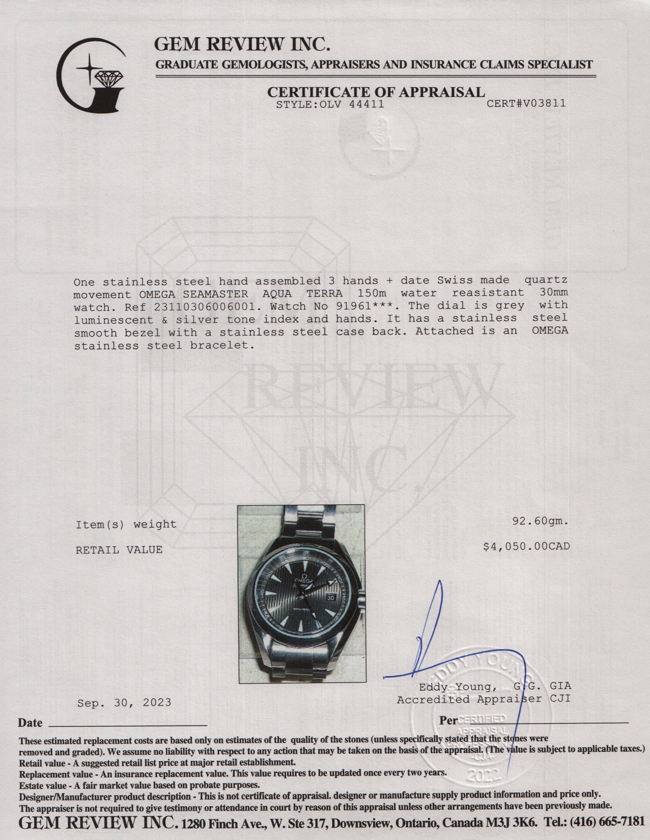 Omega Stainless Steel Seamaster Aqua Terra 150M 30MM Quartz Watch w/ Box & Papers