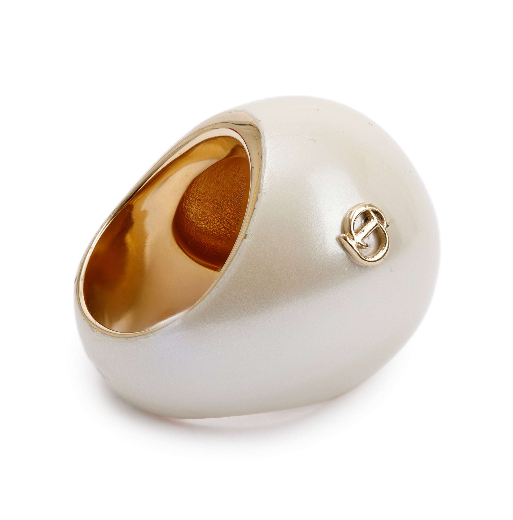 Christian Dior Gold Tone Metal Faux Pearl CD Dome Ring, L Size 6.5 w/ Box