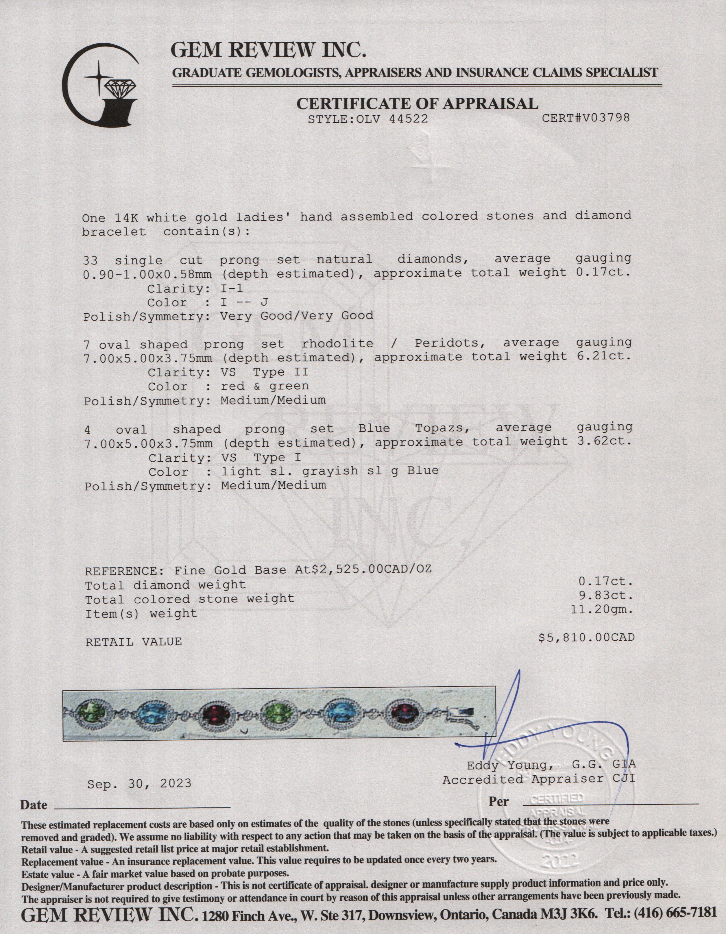 14k White Gold Colored Stones and Diamond Bracelet