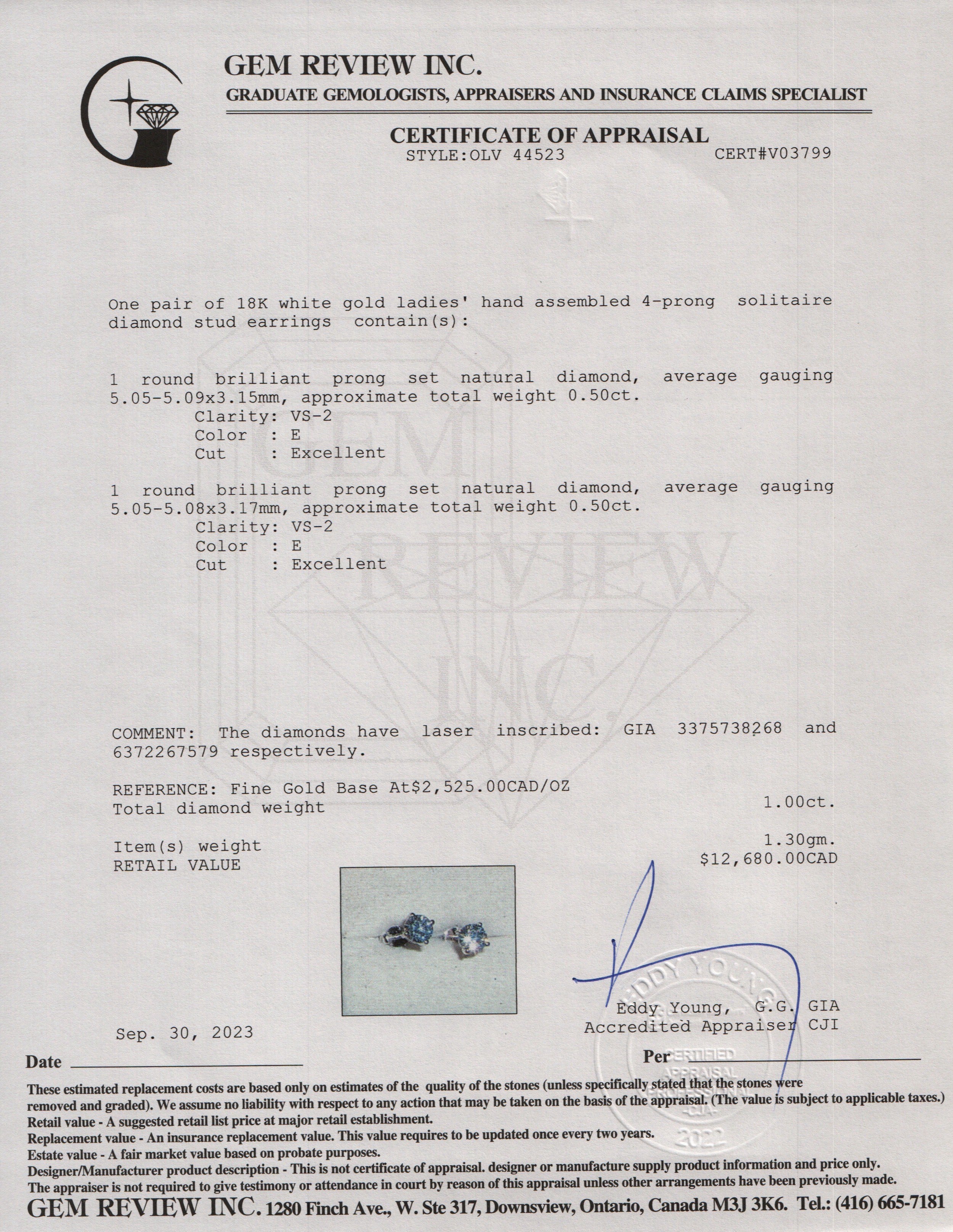 18k White Gold 1.00 tcw Diamond Stud Earrings w/ GIA Certificates