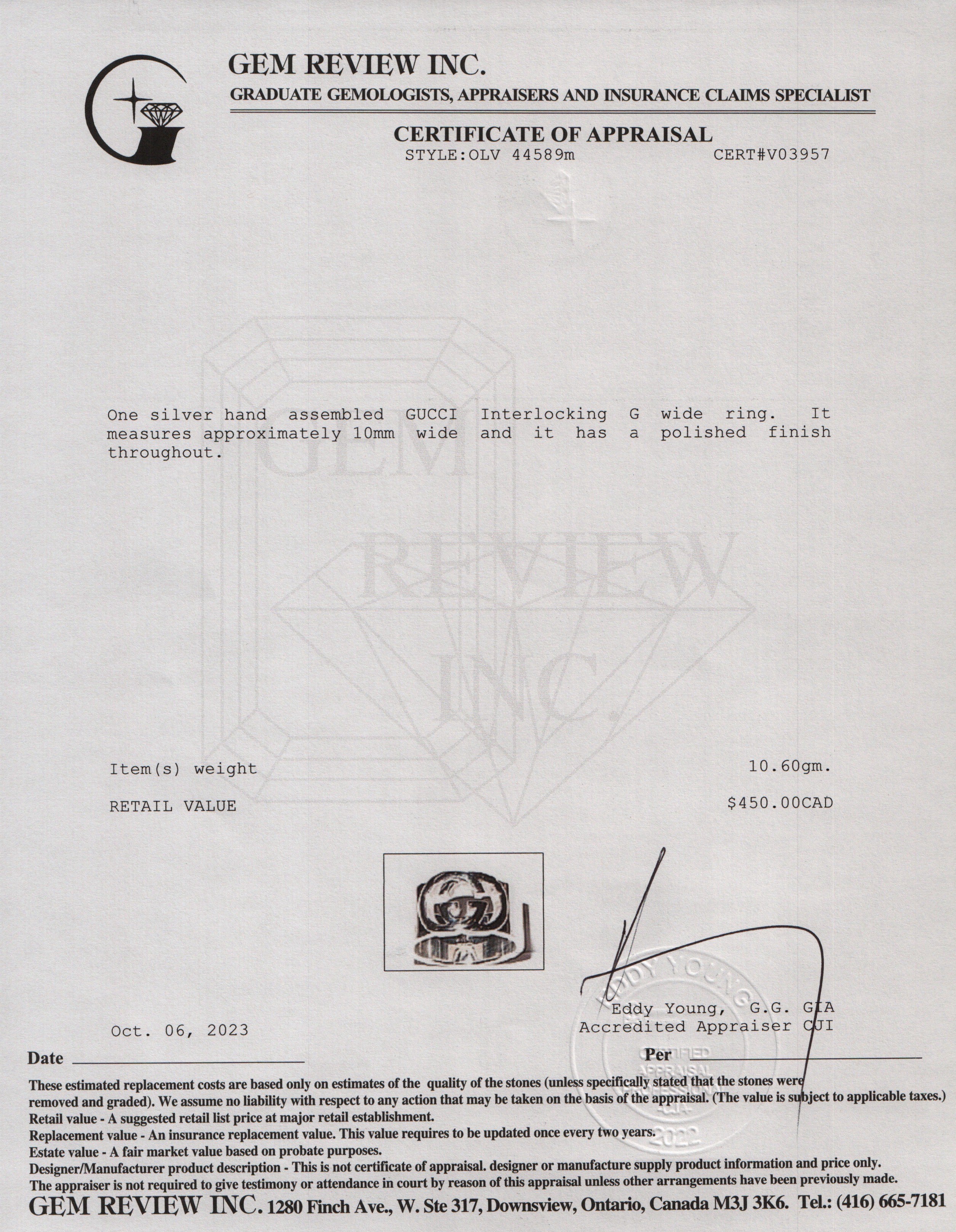 Gucci Sterling Silver Interlocking G Wide Ring, Size 7.5 w/ Box