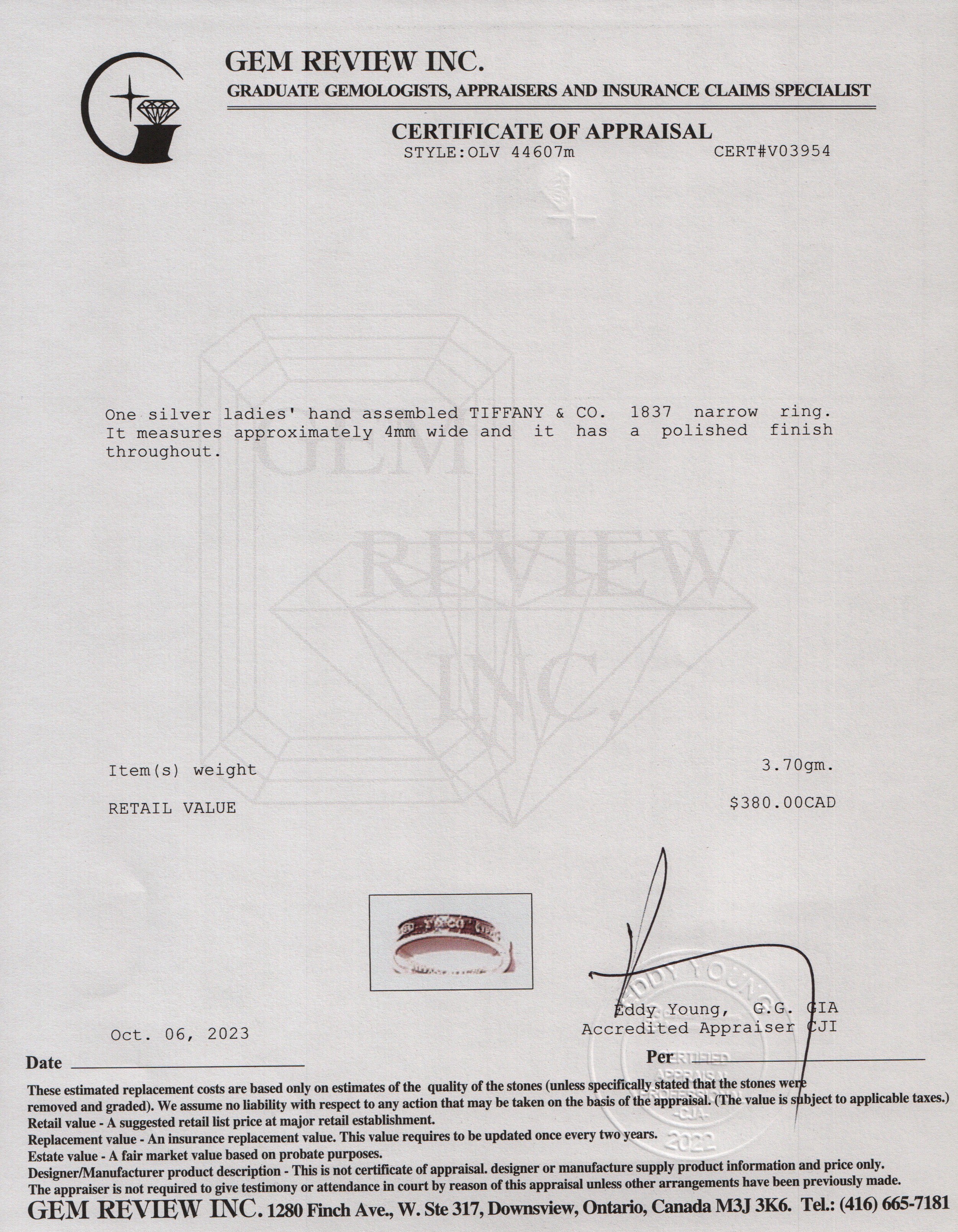 Tiffany & Co. Sterling Silver 1837 Narrow Ring, Size 4