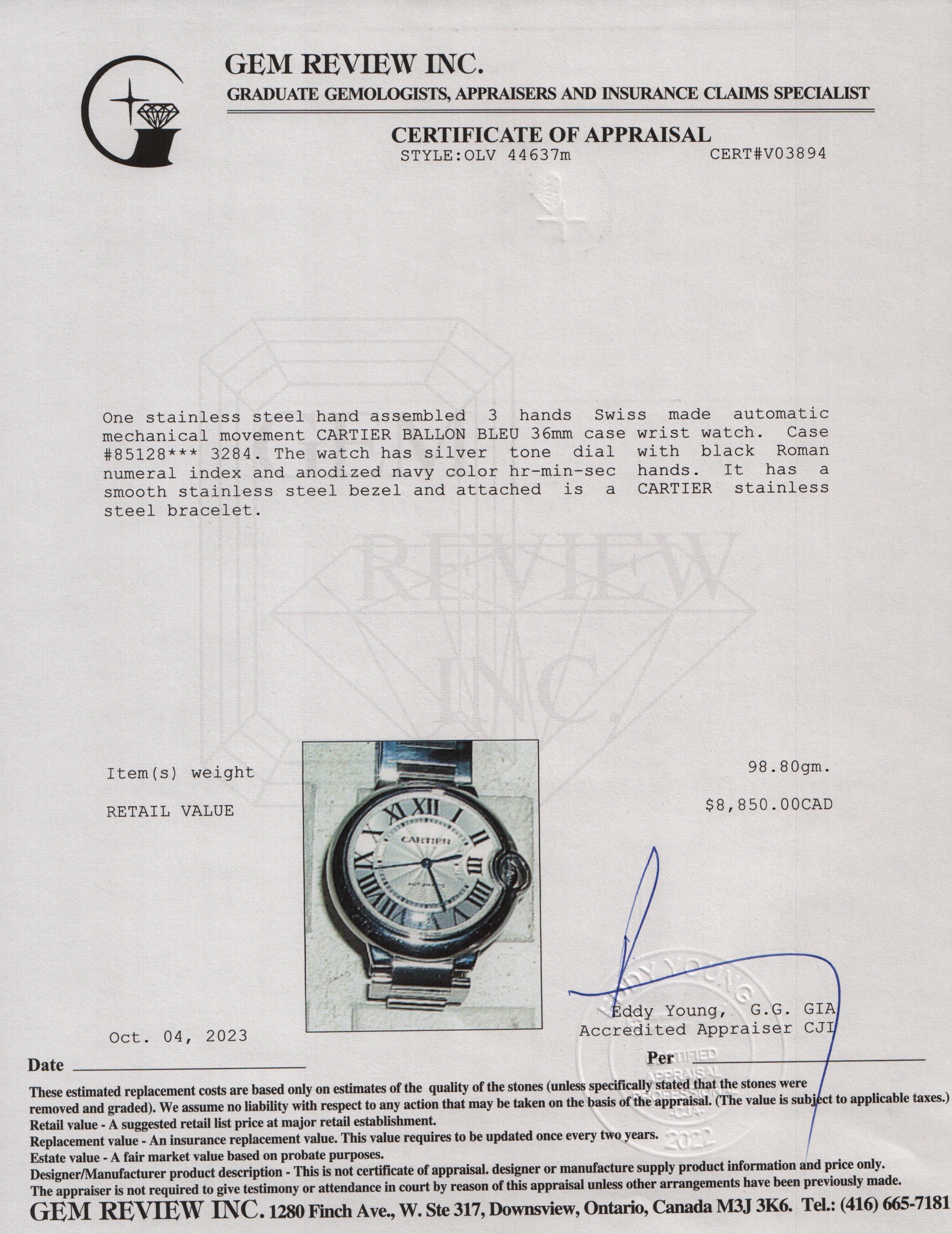 Cartier Stainless Steel Ballon Bleu 36 MM Automatic Watch