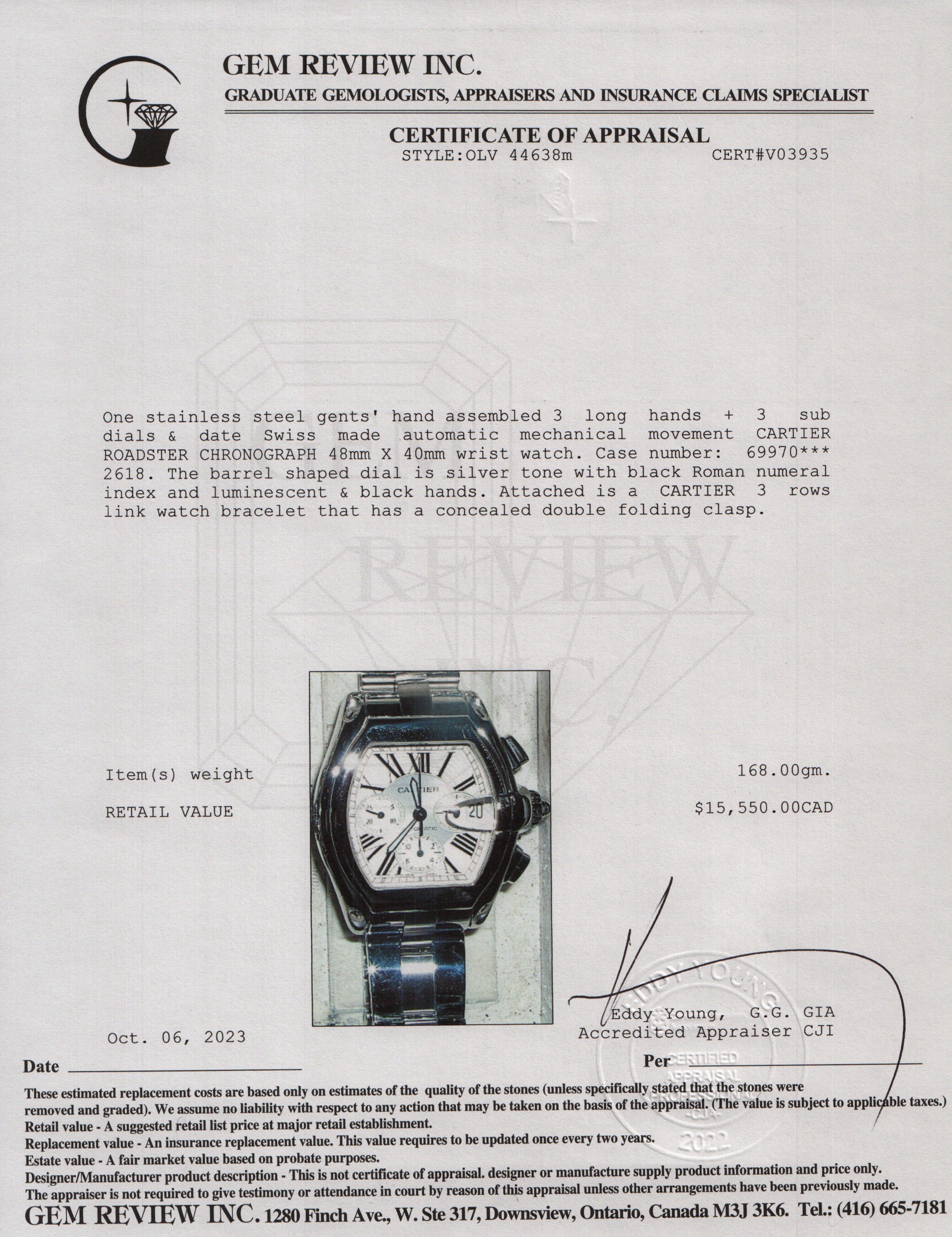 Cartier Stainless Steel Roadster XL Automatic Chronograph Watch w/ Box