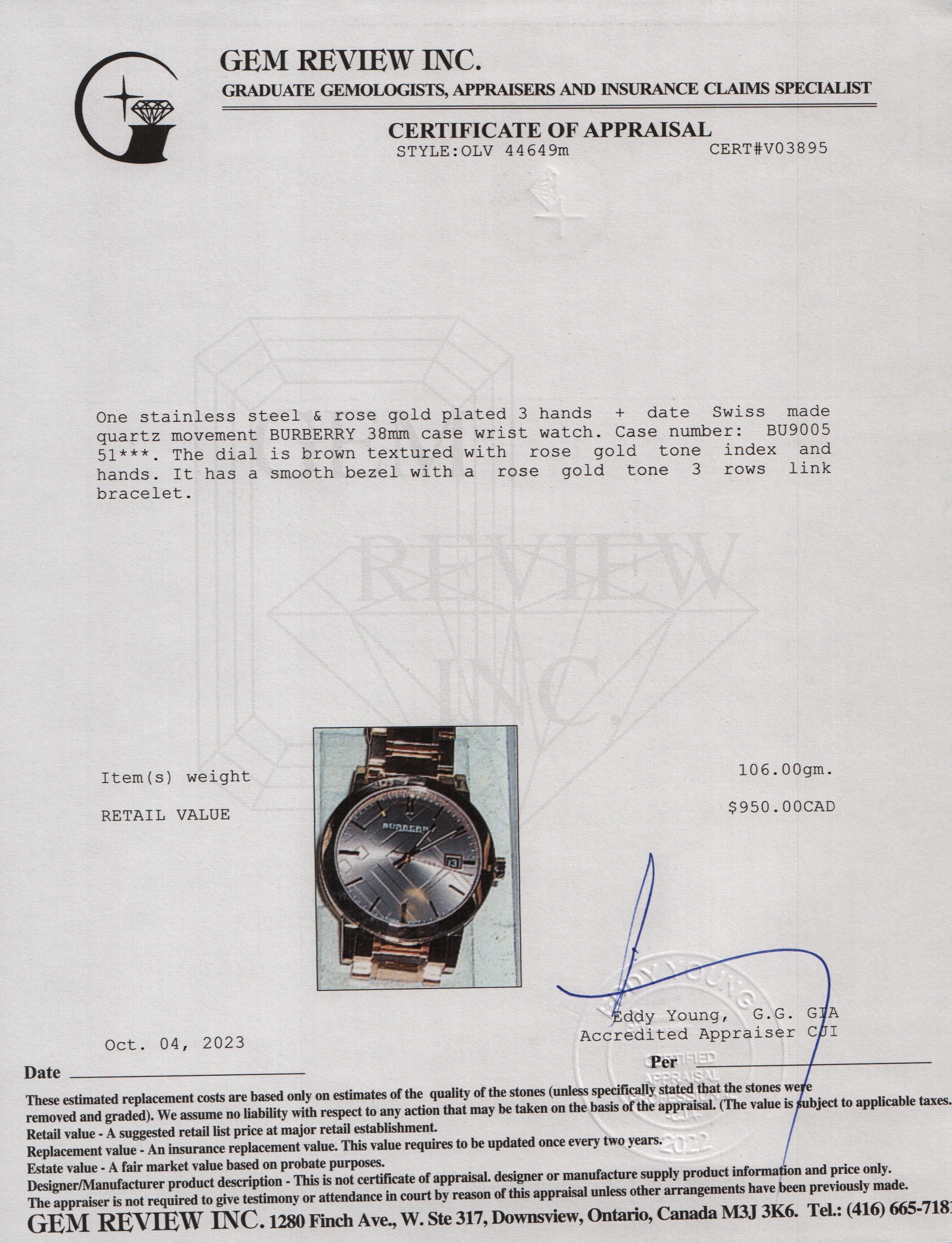 Burberry BU9005 Rose Gold Plated The City Quartz 38 MM Watch