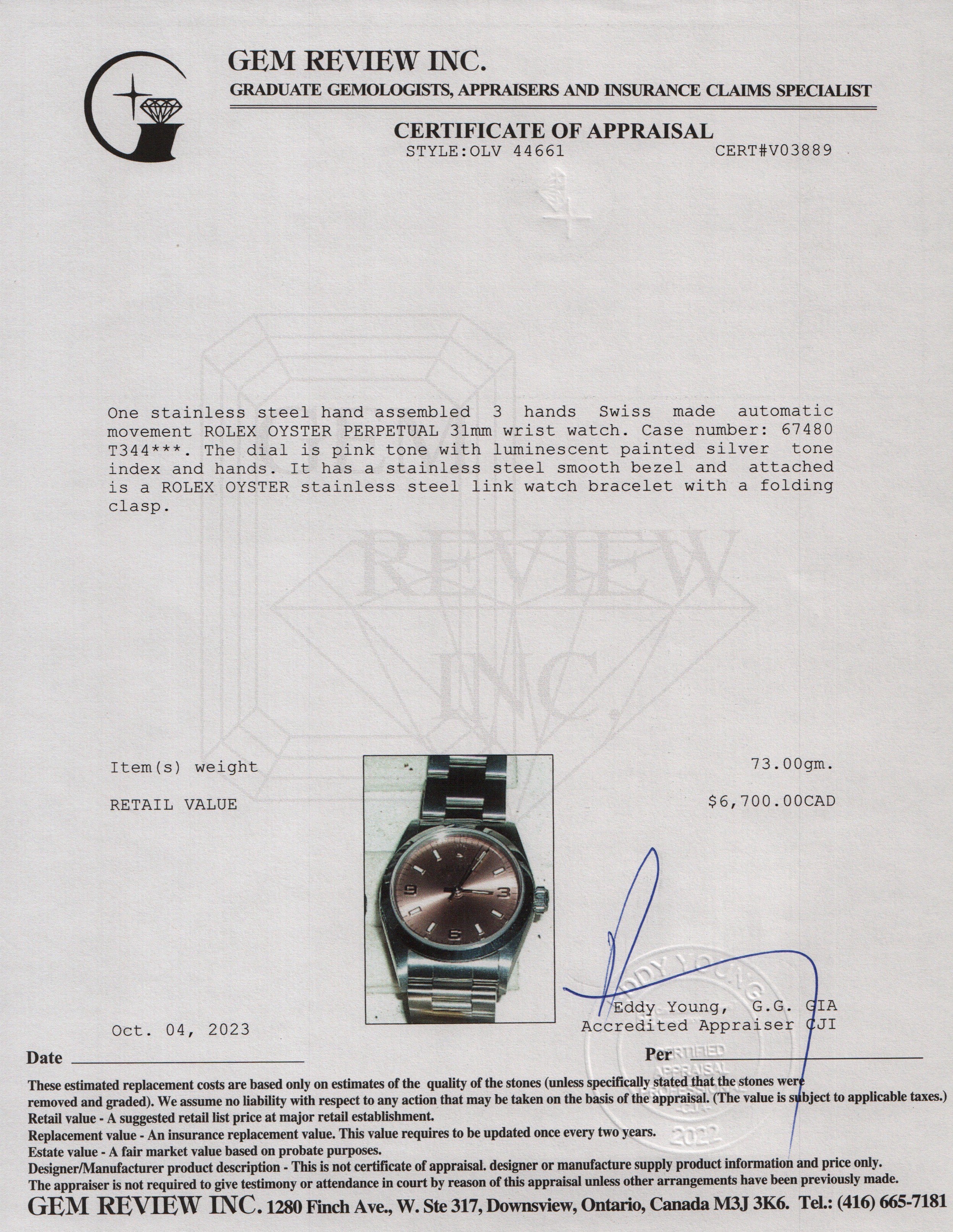 Rolex Stainless Steel Oyster Perpetual 31 MM Watch w/ Box & Papers