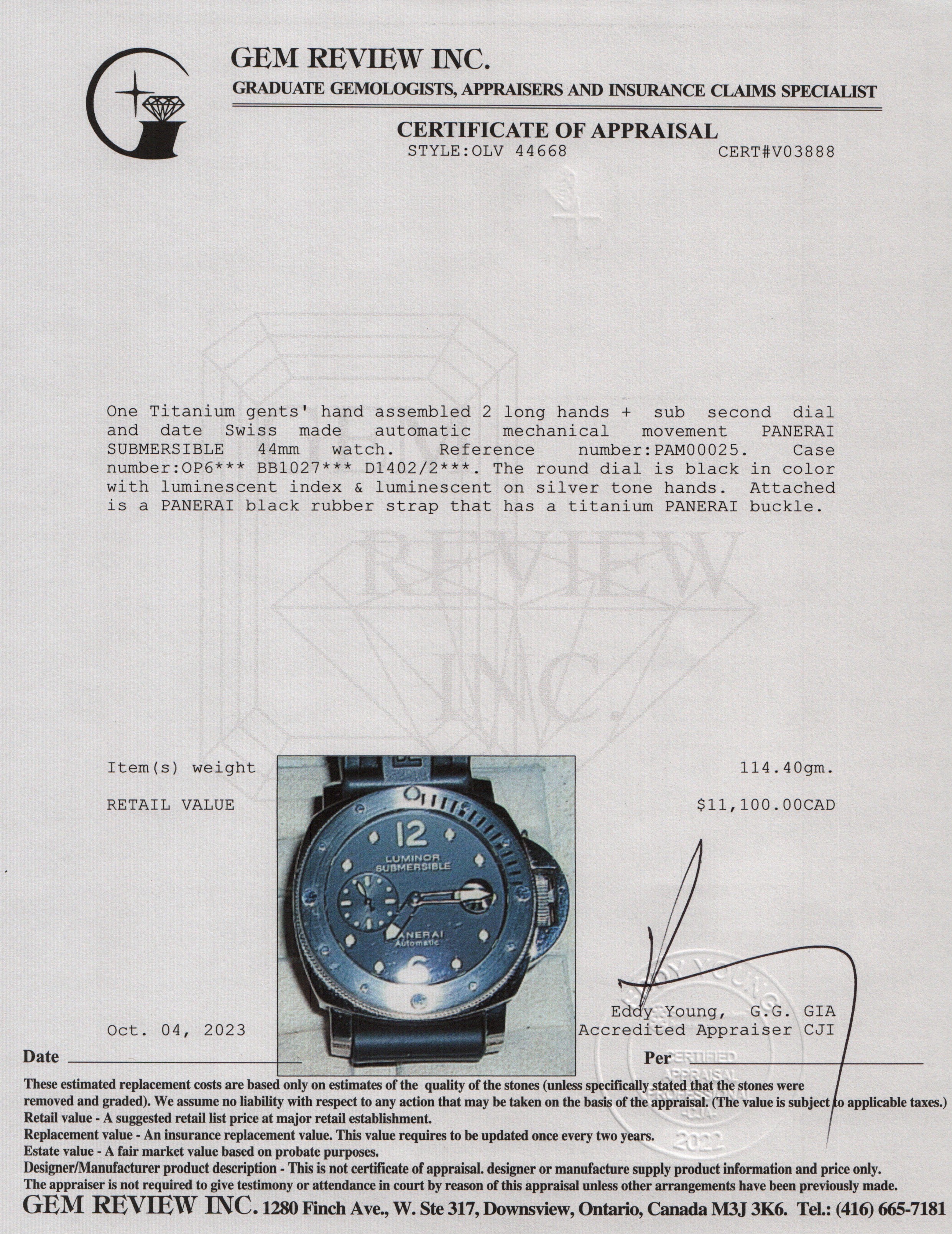 Panerai Titanium Luminor Submersible PAM00025 44mm Automatic Watch w/ Box & Papers