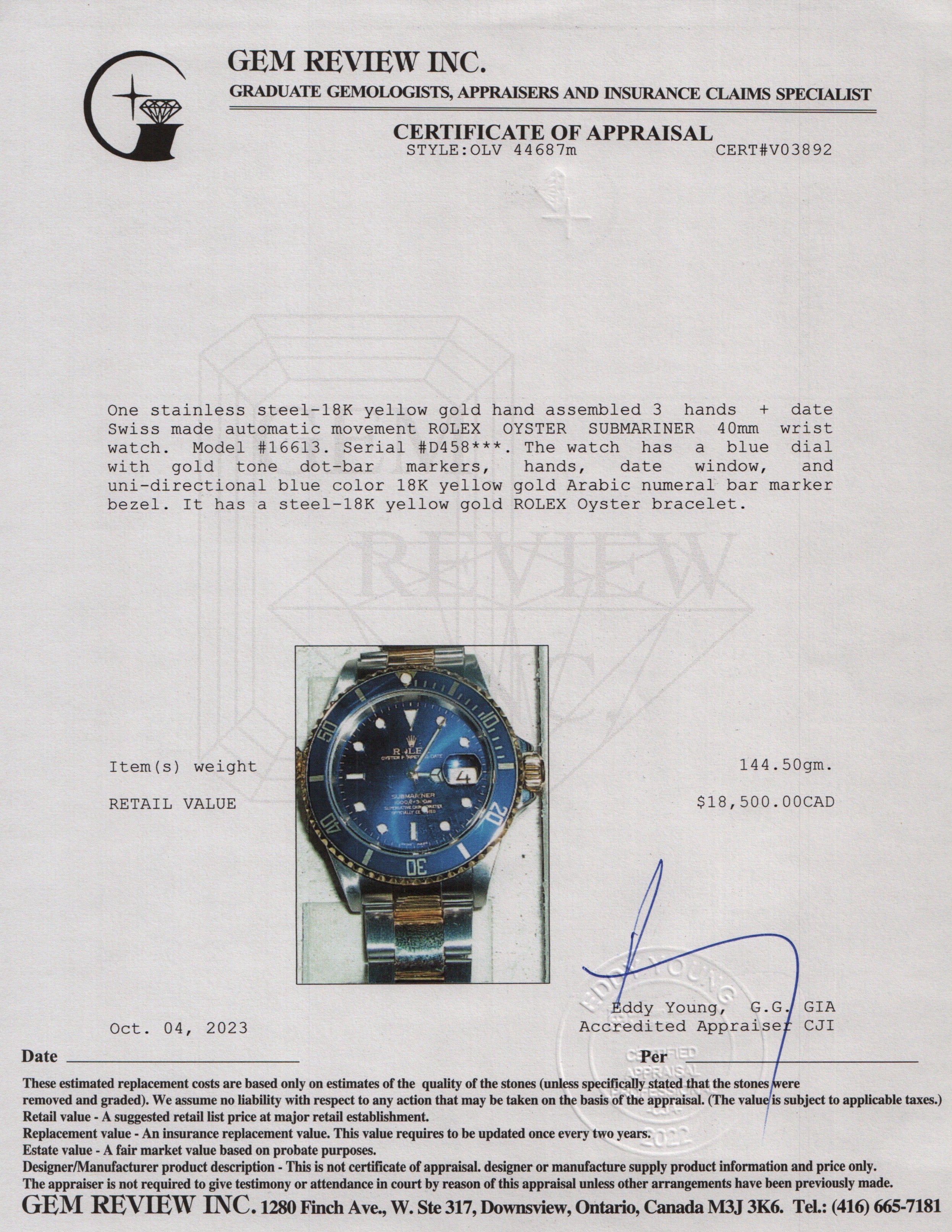 Rolex Stainless Steel & 18k Yellow Gold Submariner Date 40 MM Automatic Watch w/ Box & Papers