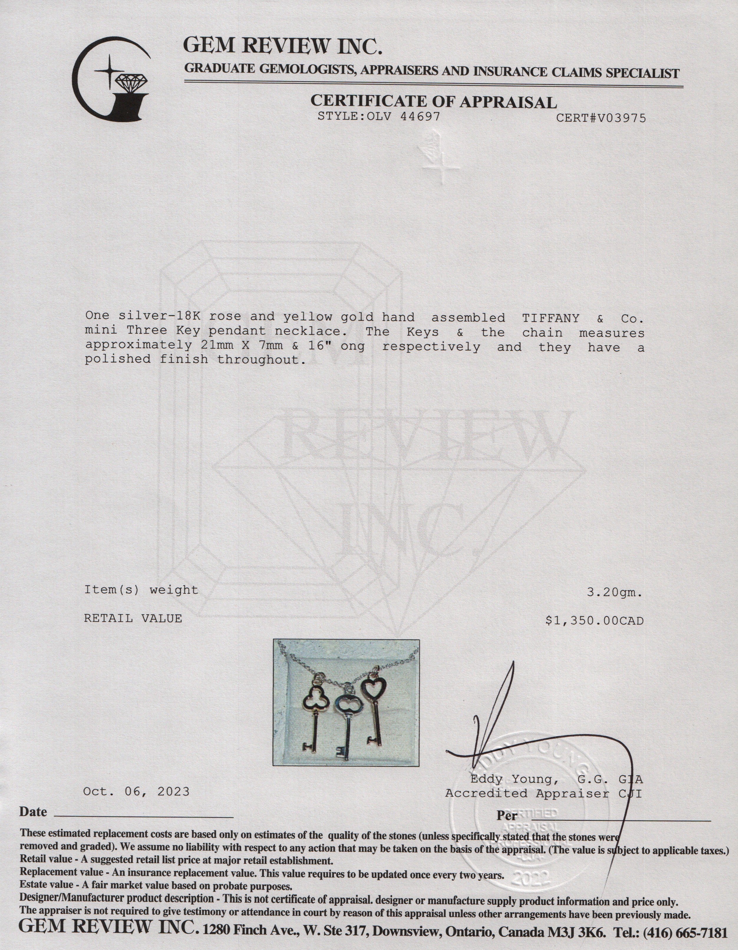 Tiffany & Co. Sterling Silver and 18k Rose & Yellow Gold Mini Three-Key Pendant Necklace