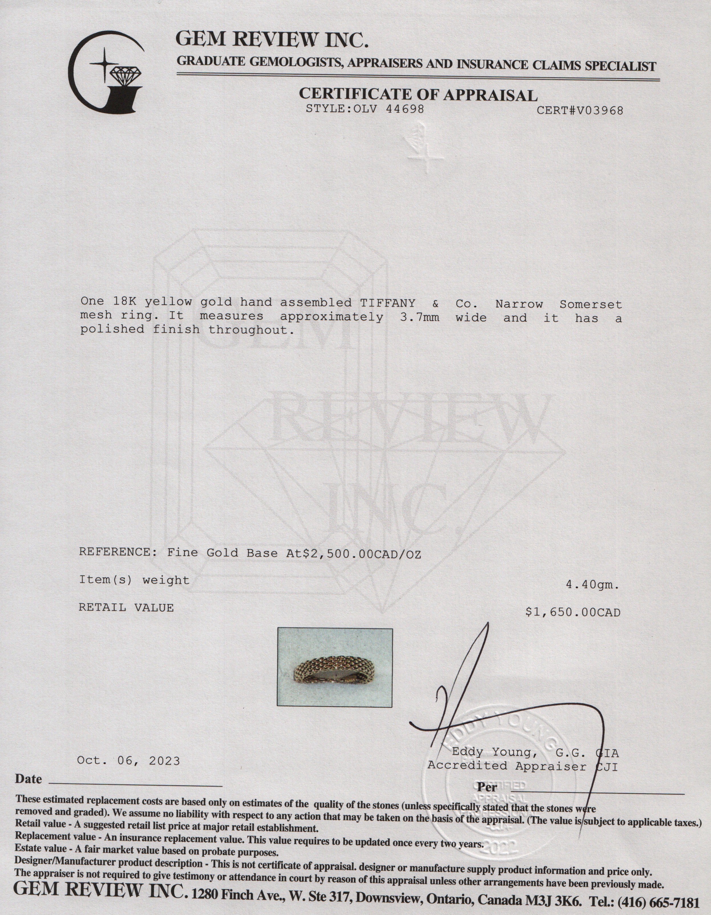 Tiffany & Co. 18k Yellow Gold Narrow Somerset Mesh Ring, Size 6.25