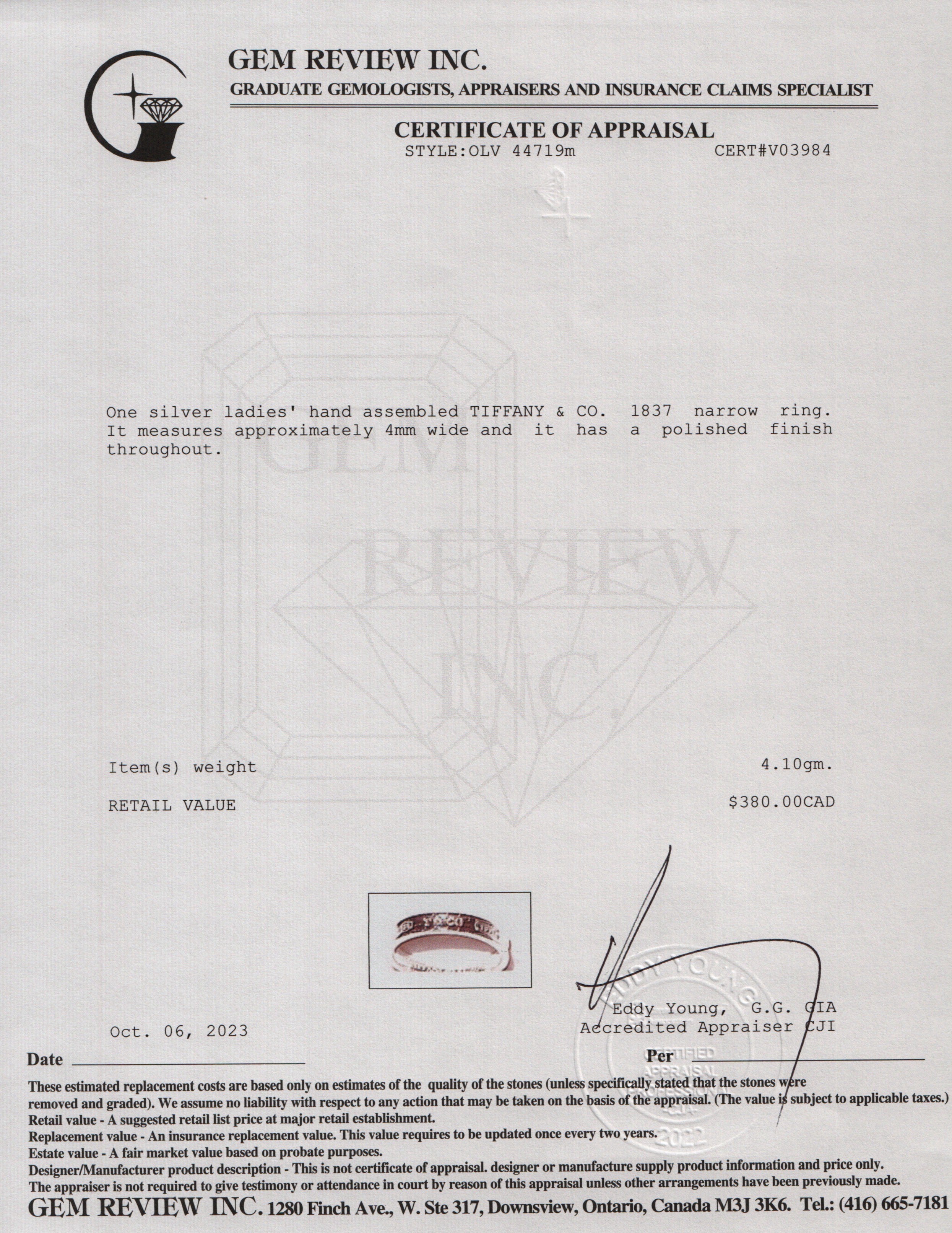 Tiffany & Co. Sterling Silver 1837 Narrow Ring, Size 6