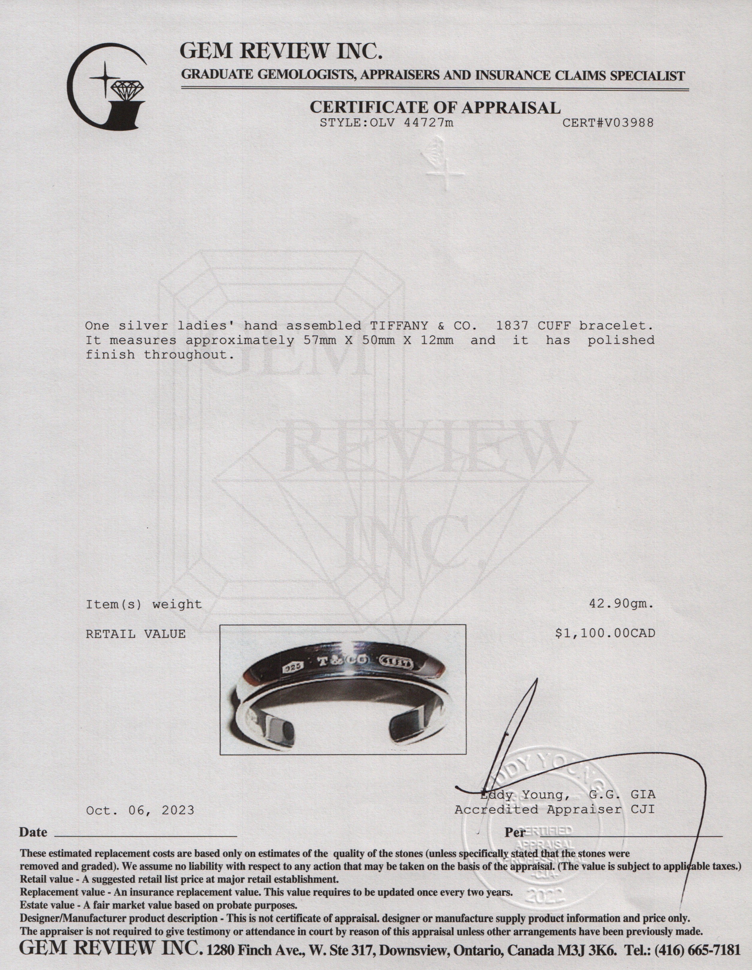 Tiffany & Co. Sterling Silver 1837 Narrow 12 MM Cuff