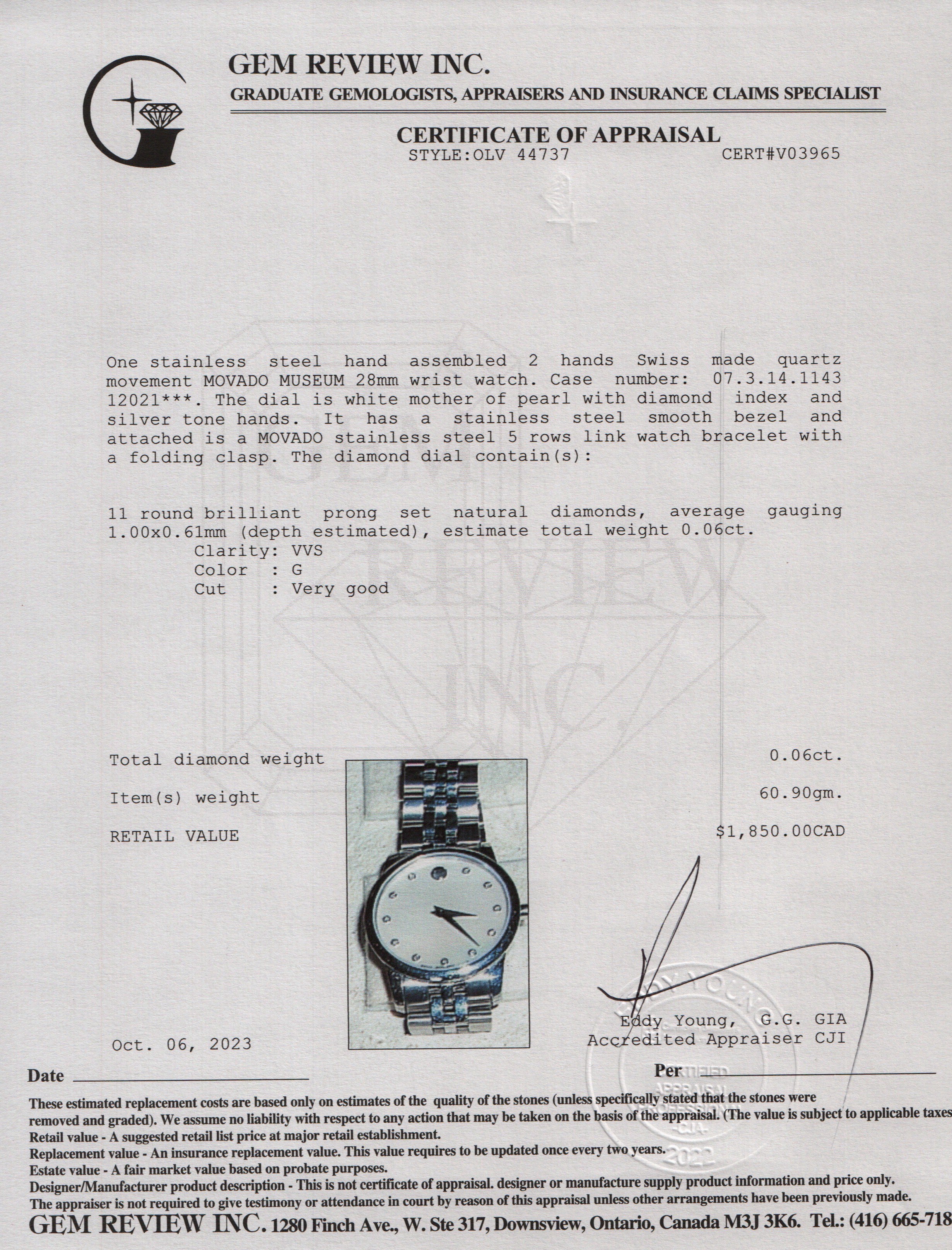 Movado Stainless Steel Museum 28 MM Watch w/ Mother of Pearl Diamond Dial w/ Box & Papers