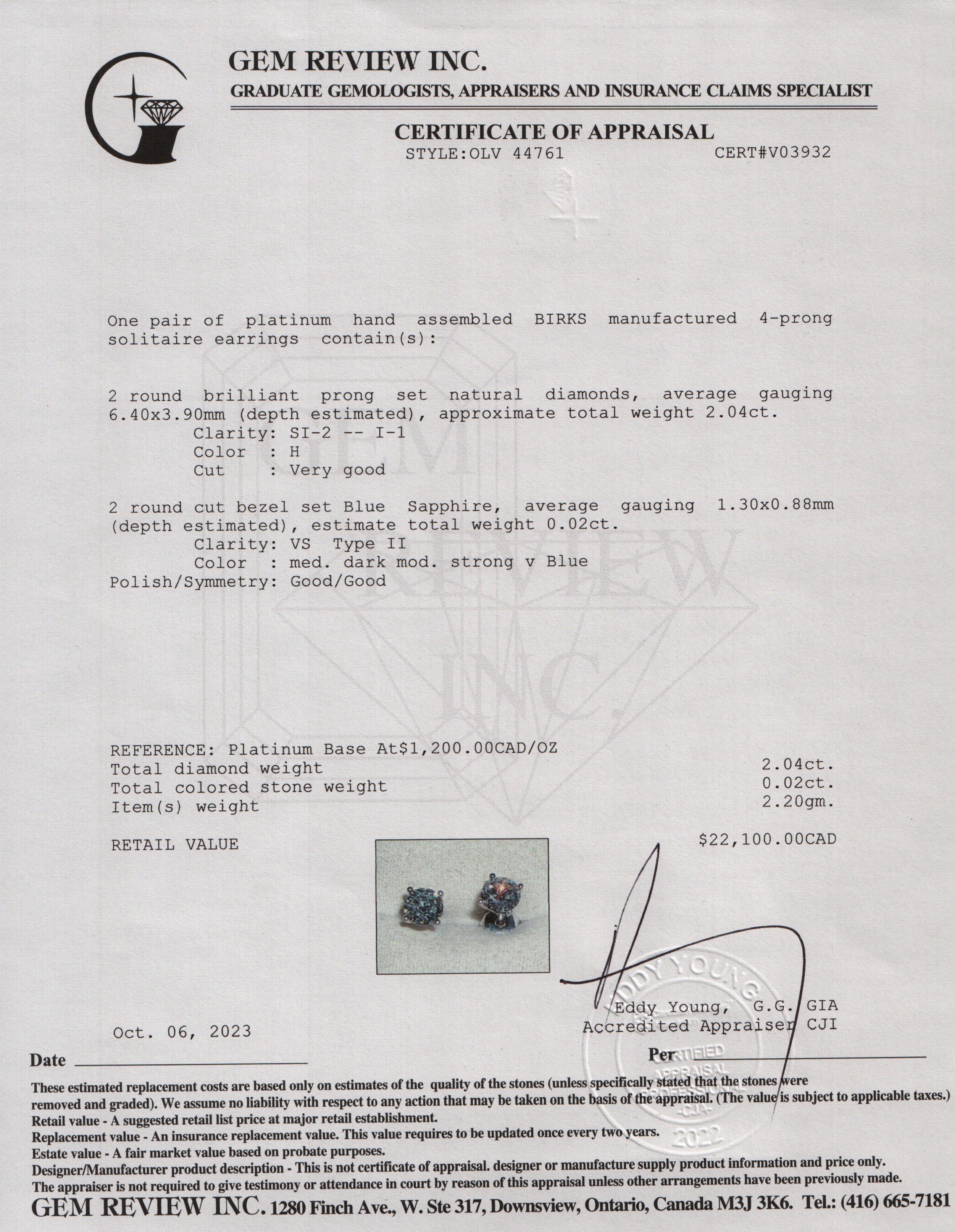 Birks Platinum 2.04 tcw Diamond Stud Earrings