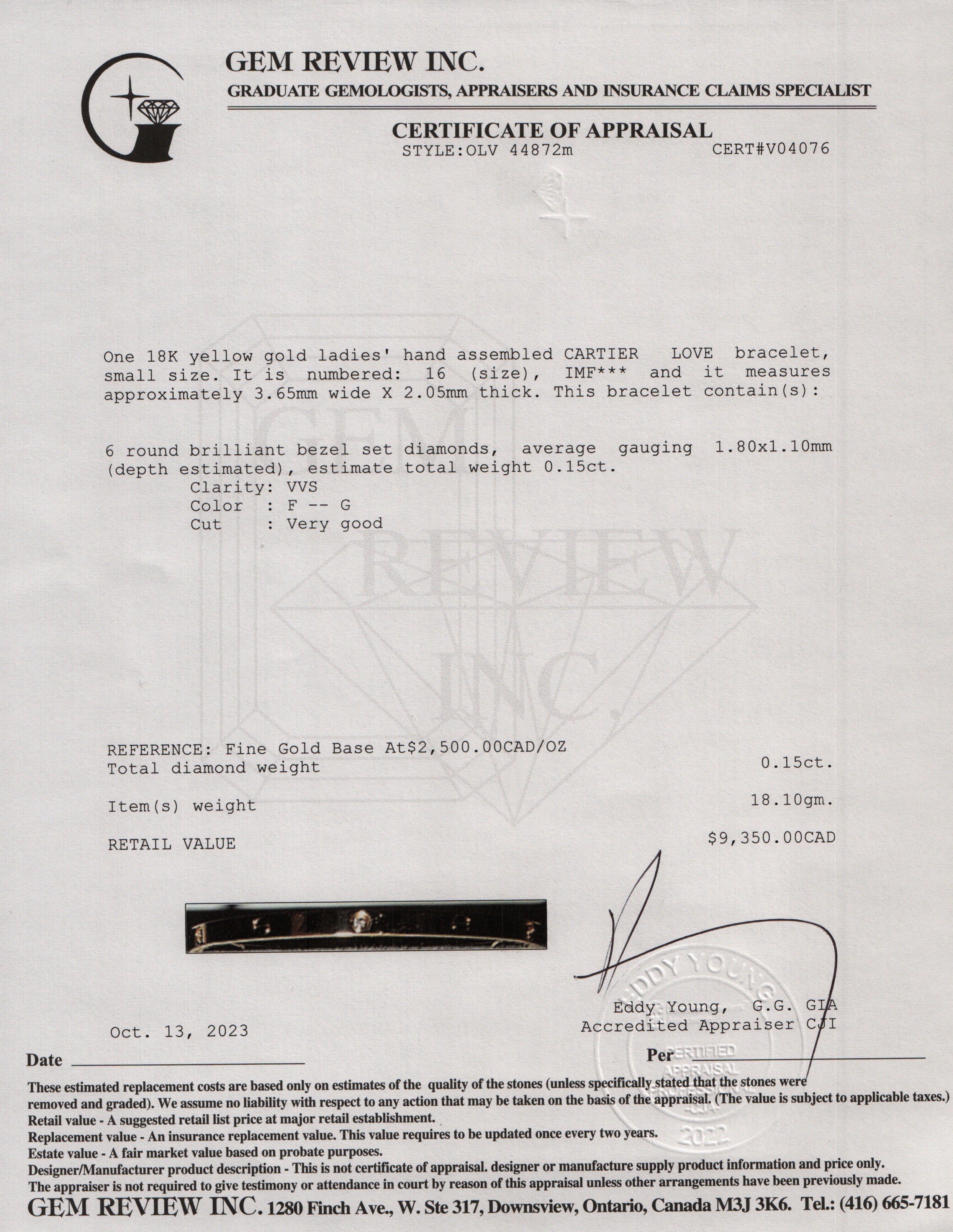 Cartier 18k Yellow Gold 6 Diamond Love Bracelet, Small Model, Size 16 w/ Certificate