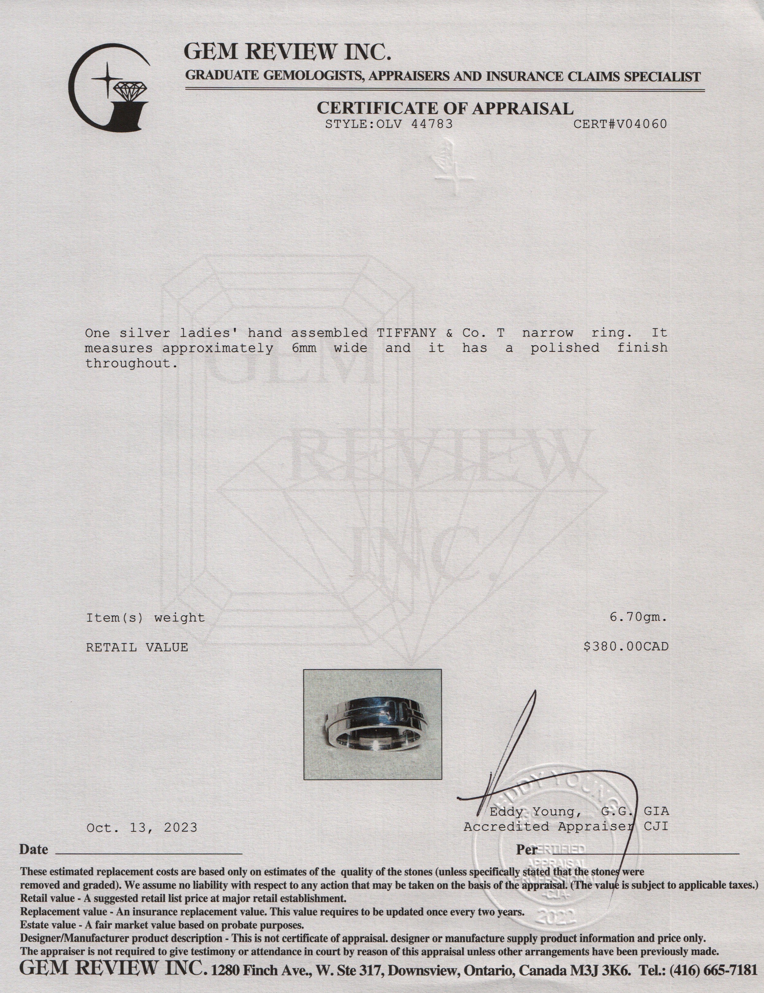 Tiffany & Co. Sterling Silver T Narrow Band Ring, Size 5.75