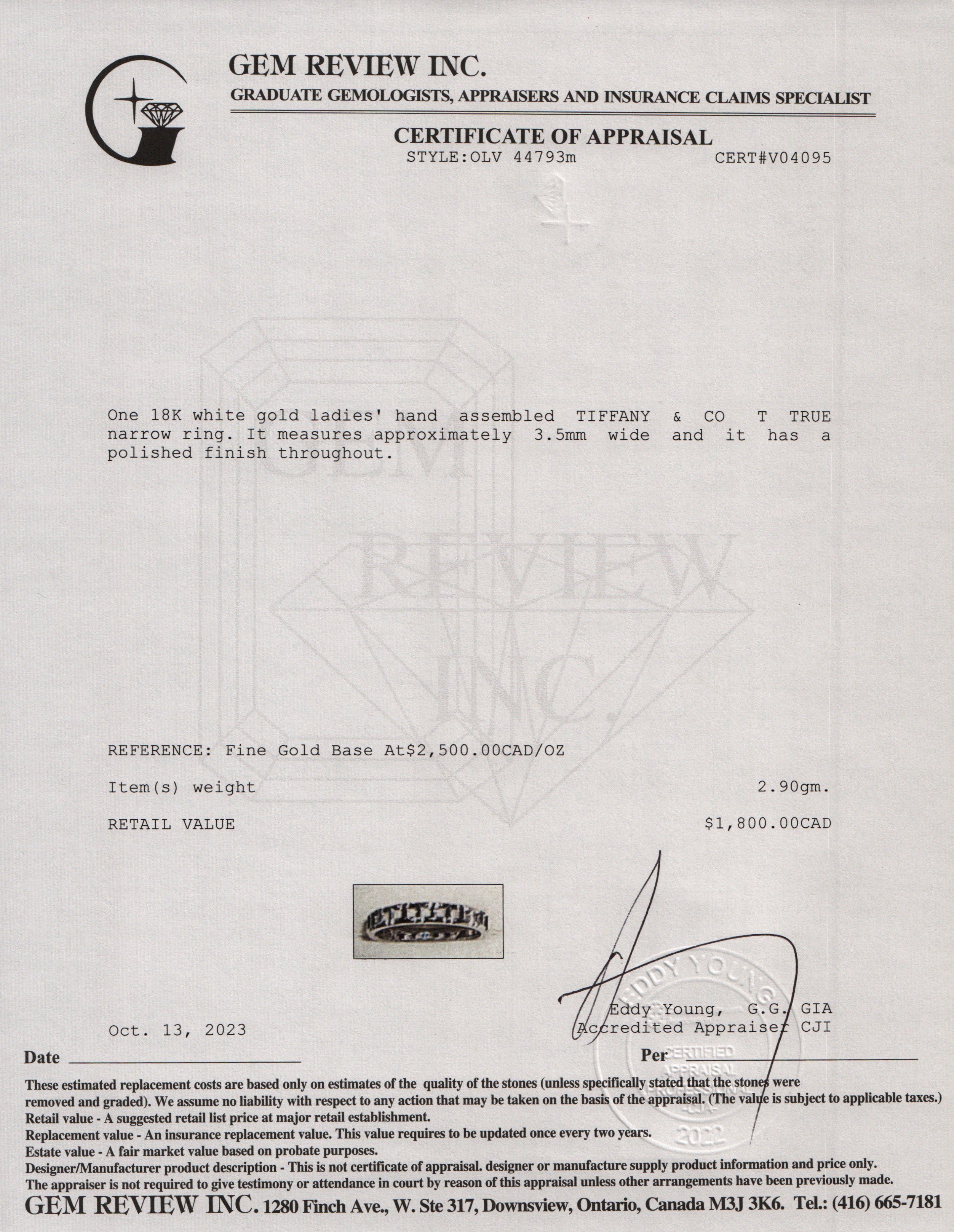 Tiffany & Co. 18k White Gold T True Narrow Ring, Size 5.25