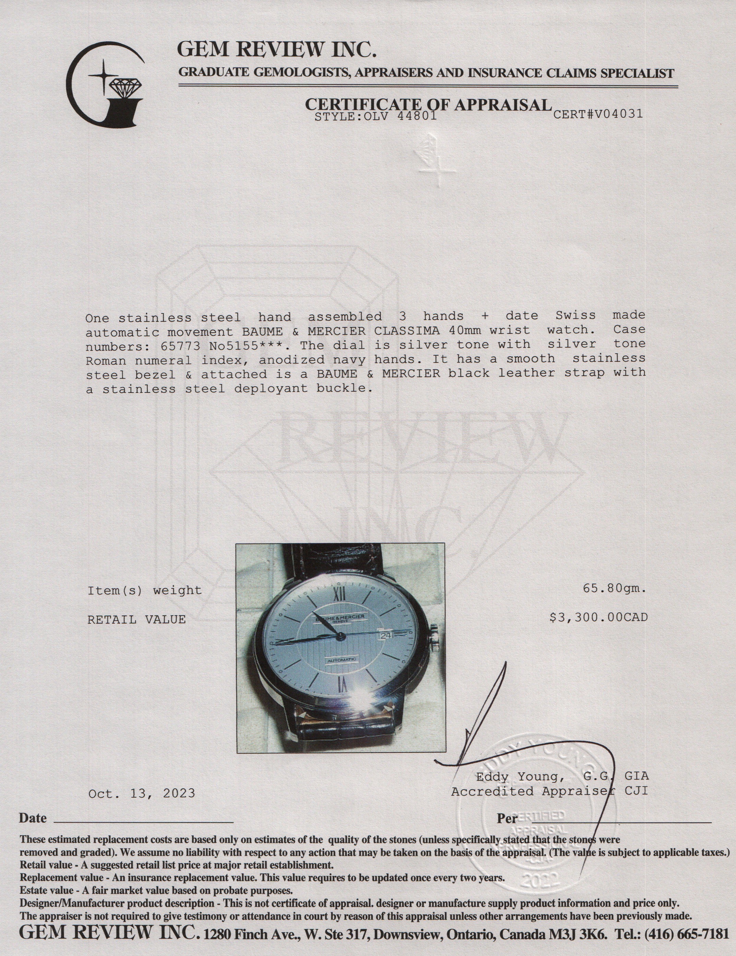 Baume & Mercier Stainless Steel Classima 40 MM Automatic Watch w/ Box & Papers