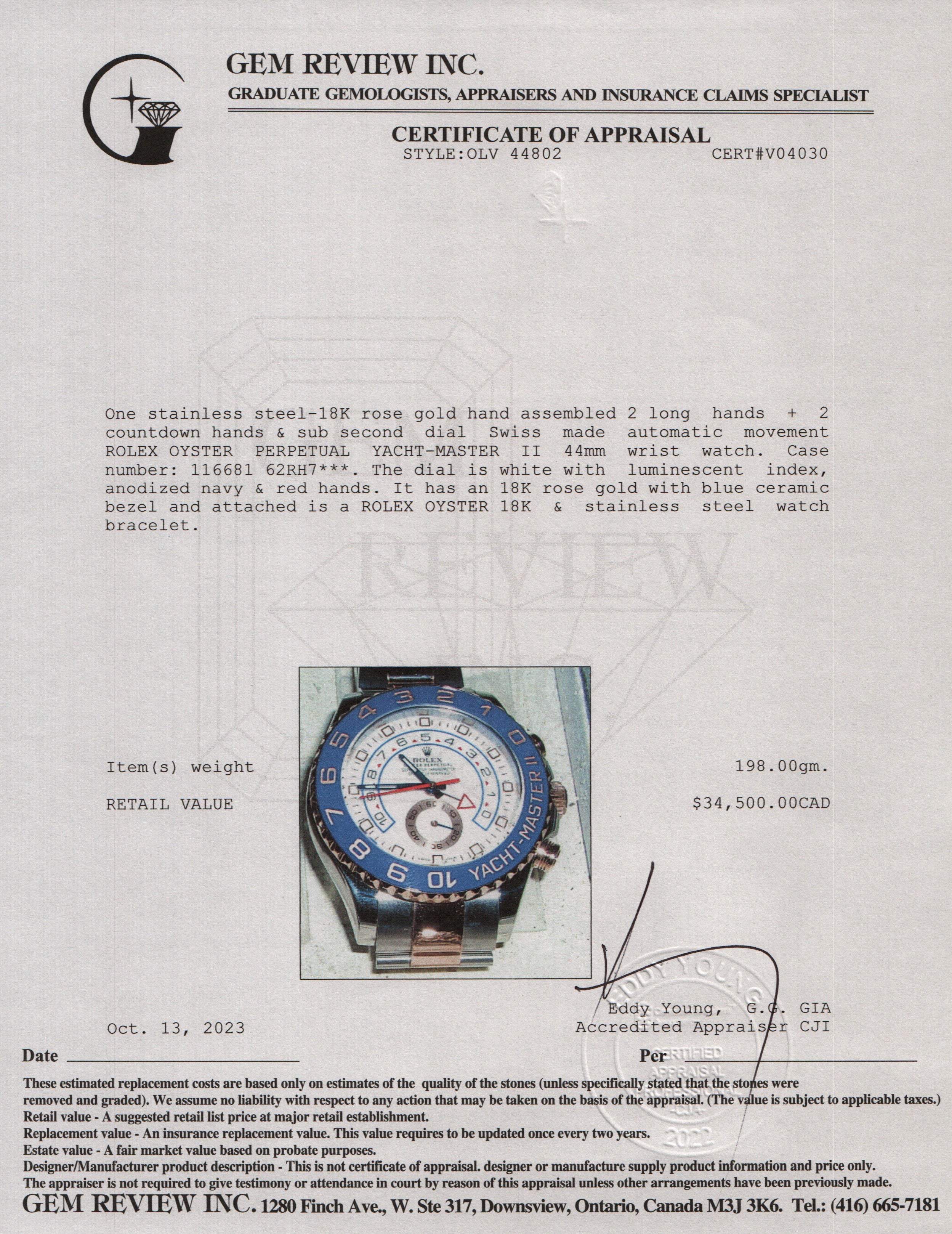 Rolex Stainless Steel & 18k Rose Gold Yacht-Master II 44 MM Automatic Watch w/ Box & Papers