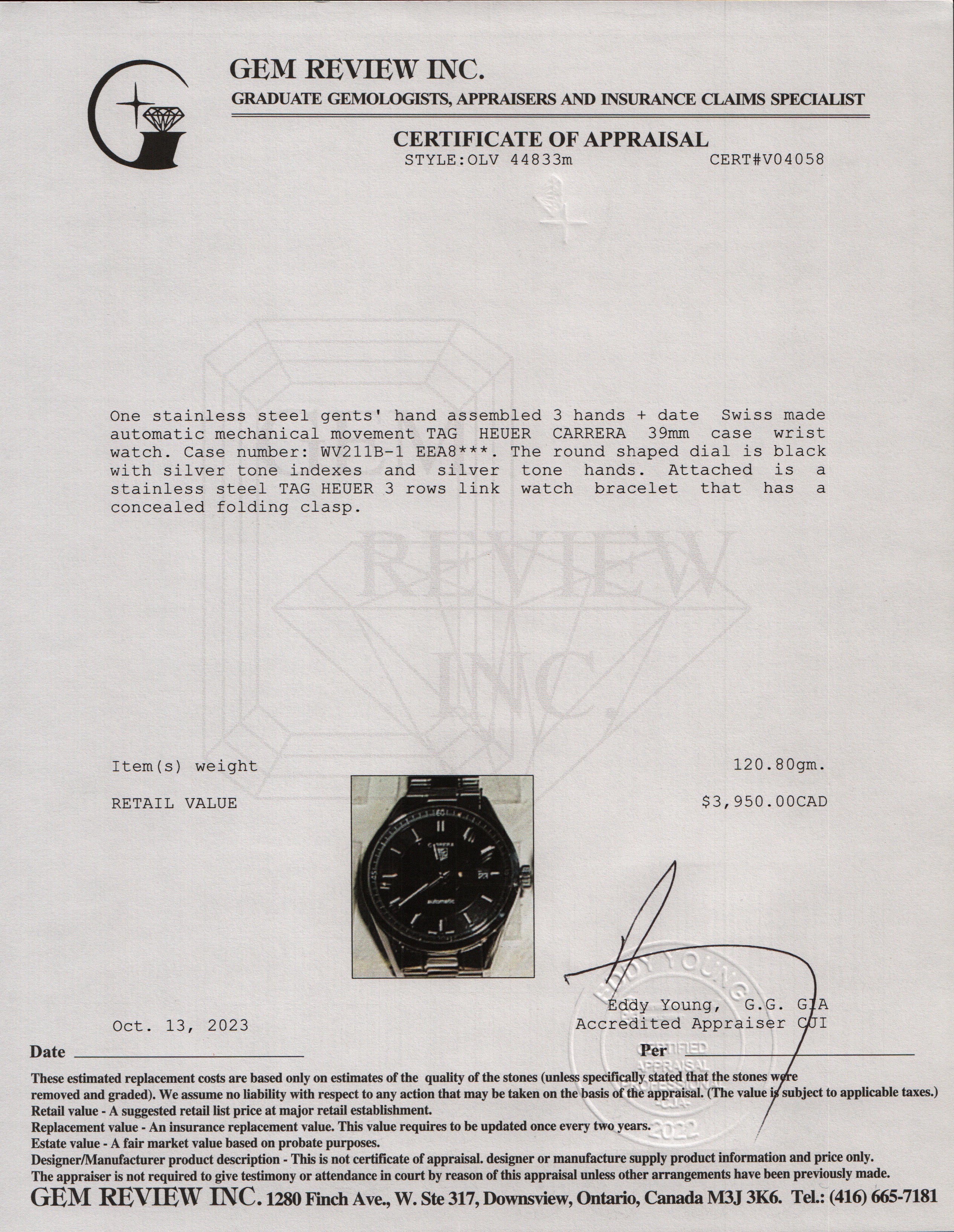 Tag Heuer Stainless Steel Carrera 39 MM Automatic Watch