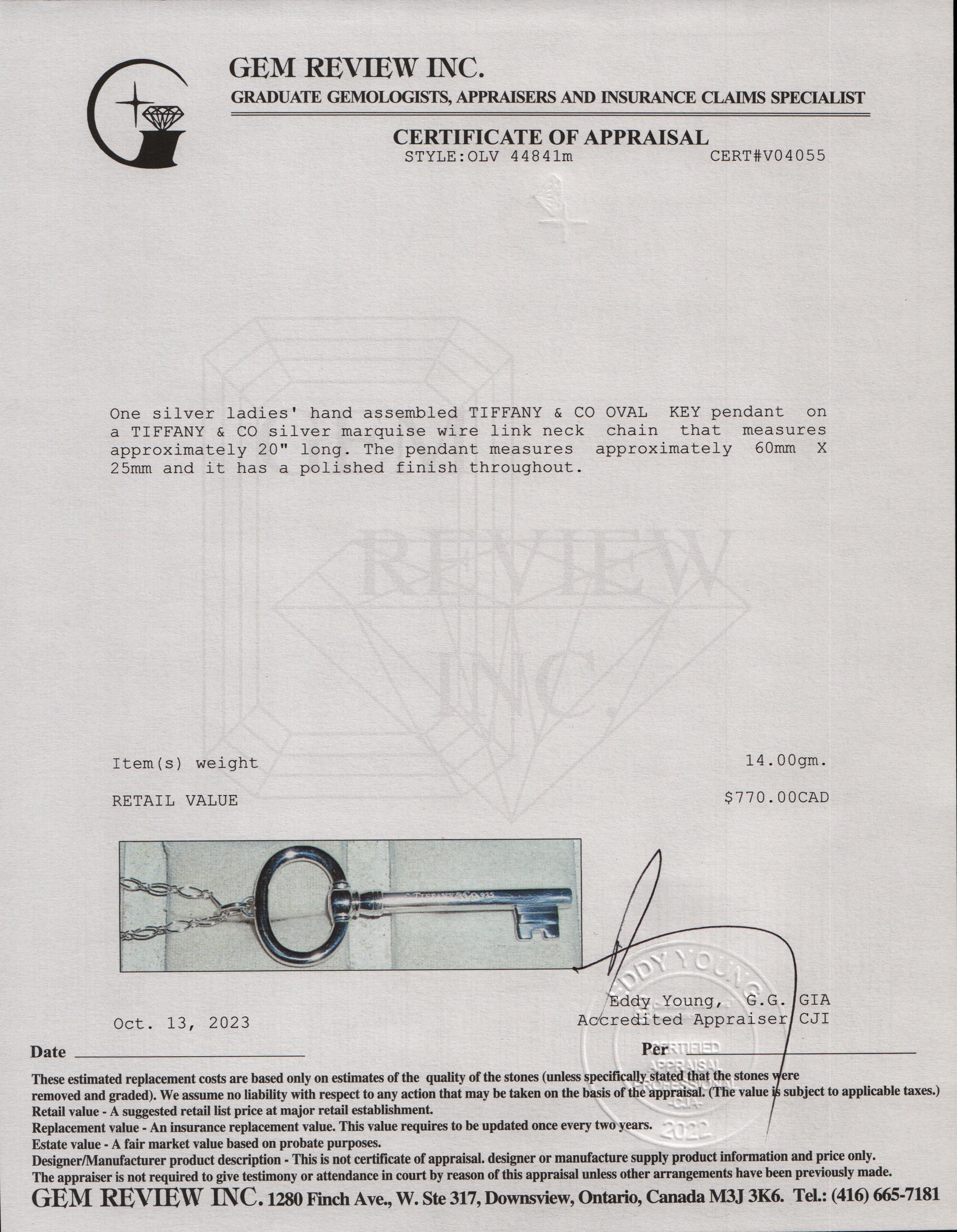 Tiffany & Co. Sterling Silver Large Oval Key Pendant Necklace