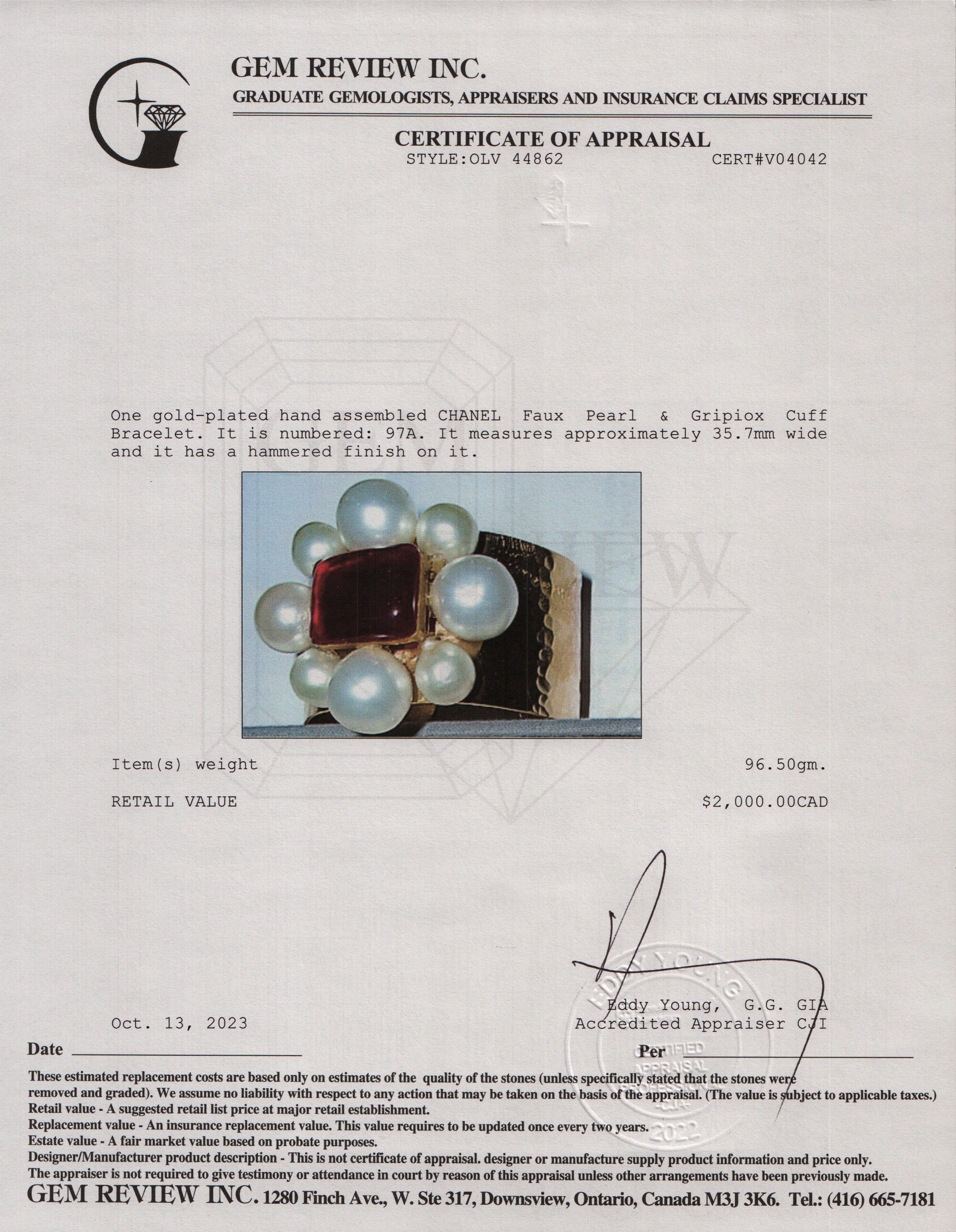 Chanel Vintage Gold Plated Faux Pearl & Gripiox Cuff Bracelet