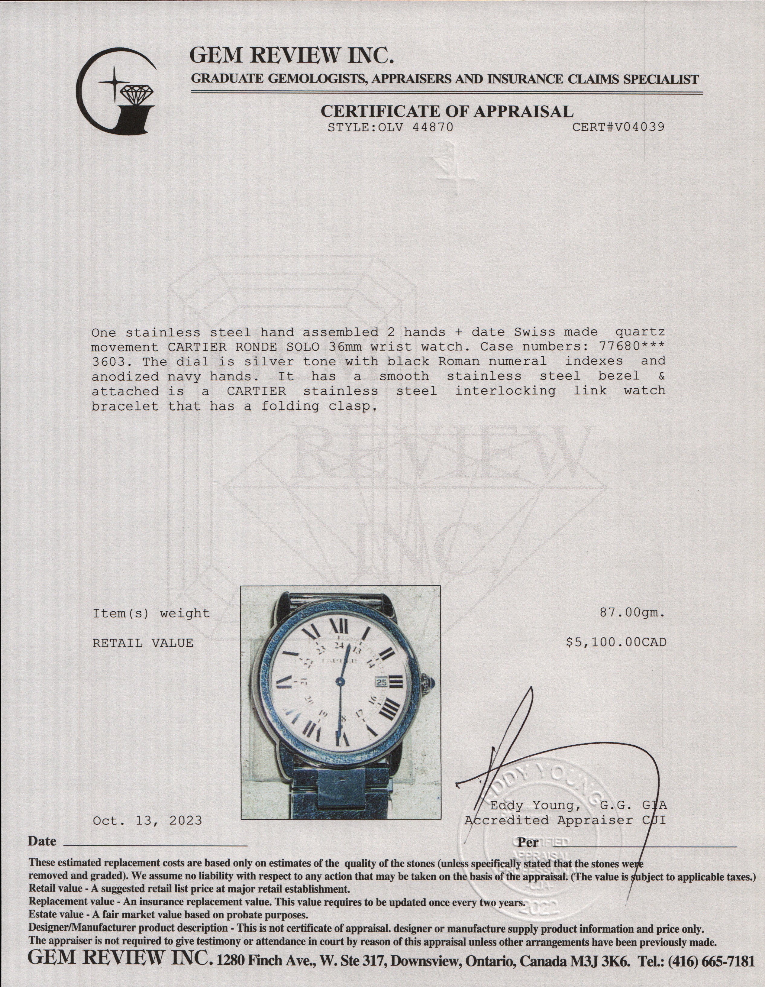 Cartier Stainless Steel Ronde Solo 36 MM Watch