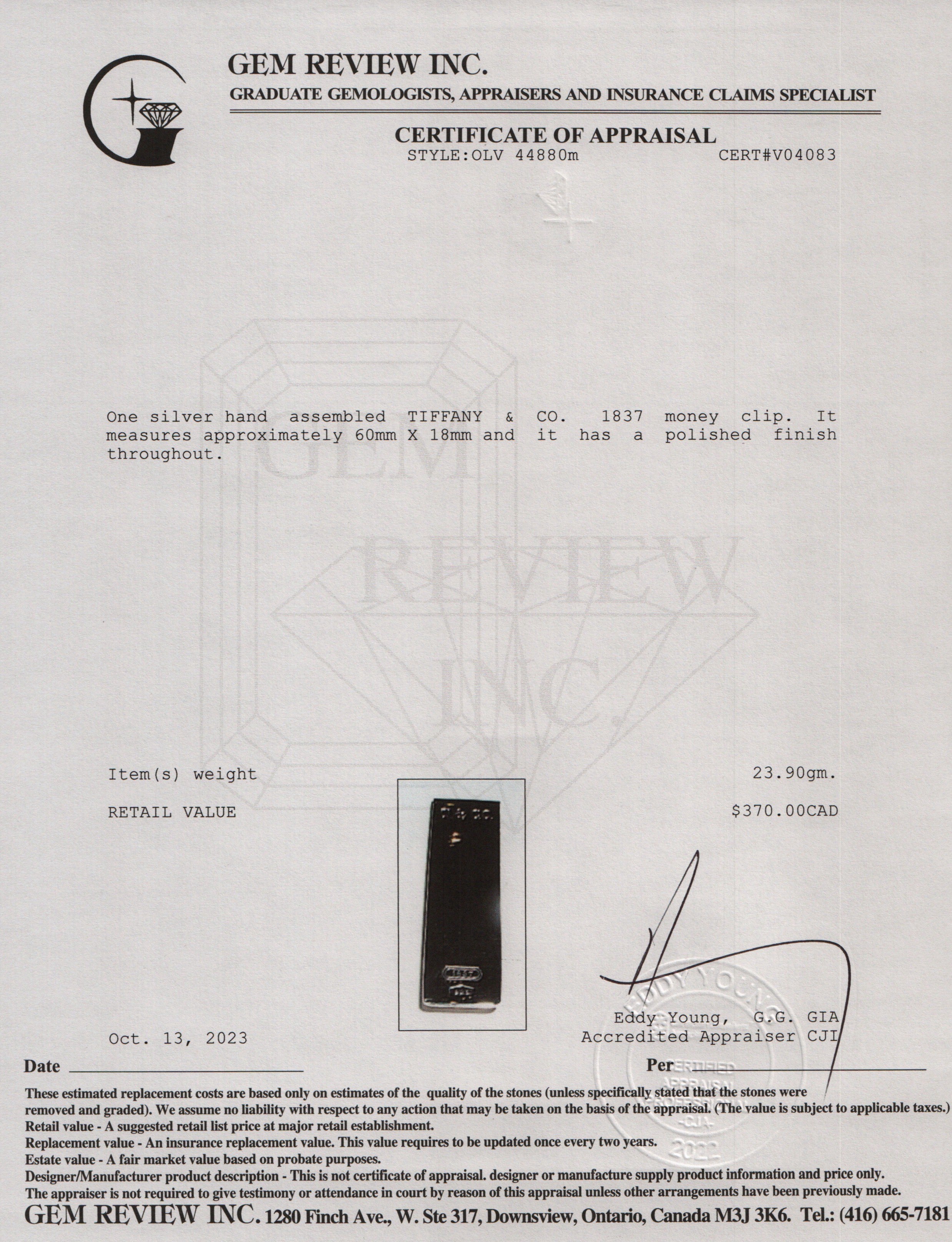 Tiffany & Co. Sterling Silver 1837 Money Clip