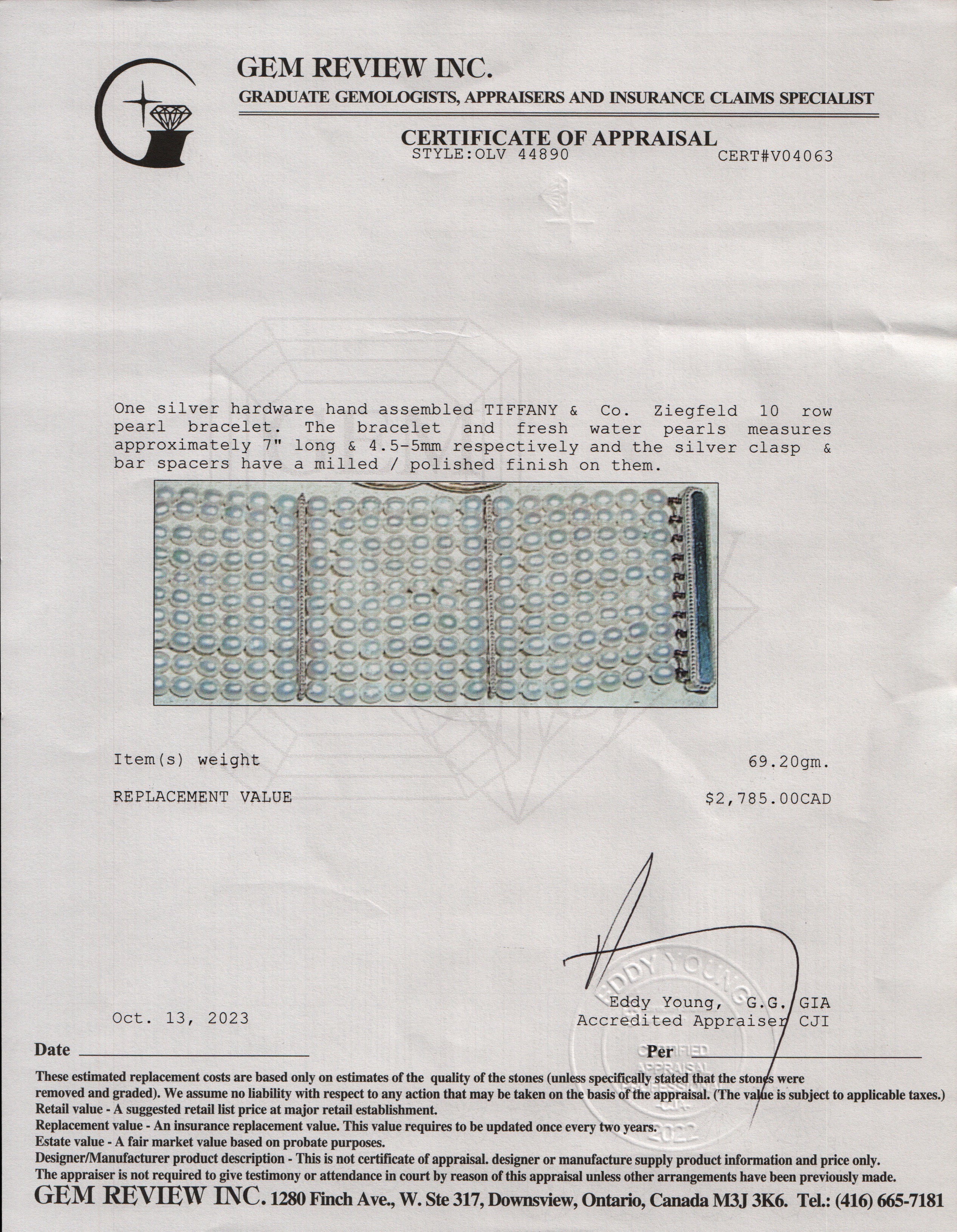 Tiffany & Co. Sterling Silver Ziegfeld 10 Row Pearl Bracelet