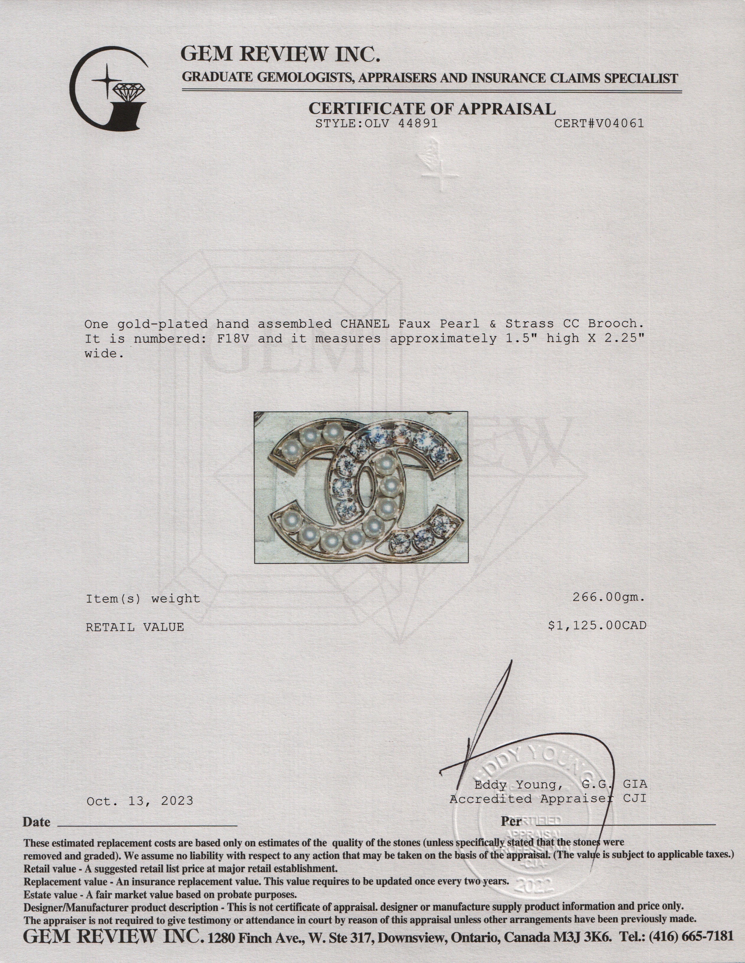 Chanel Gold Plated Faux Pearl & Strass CC Brooch w/ Box