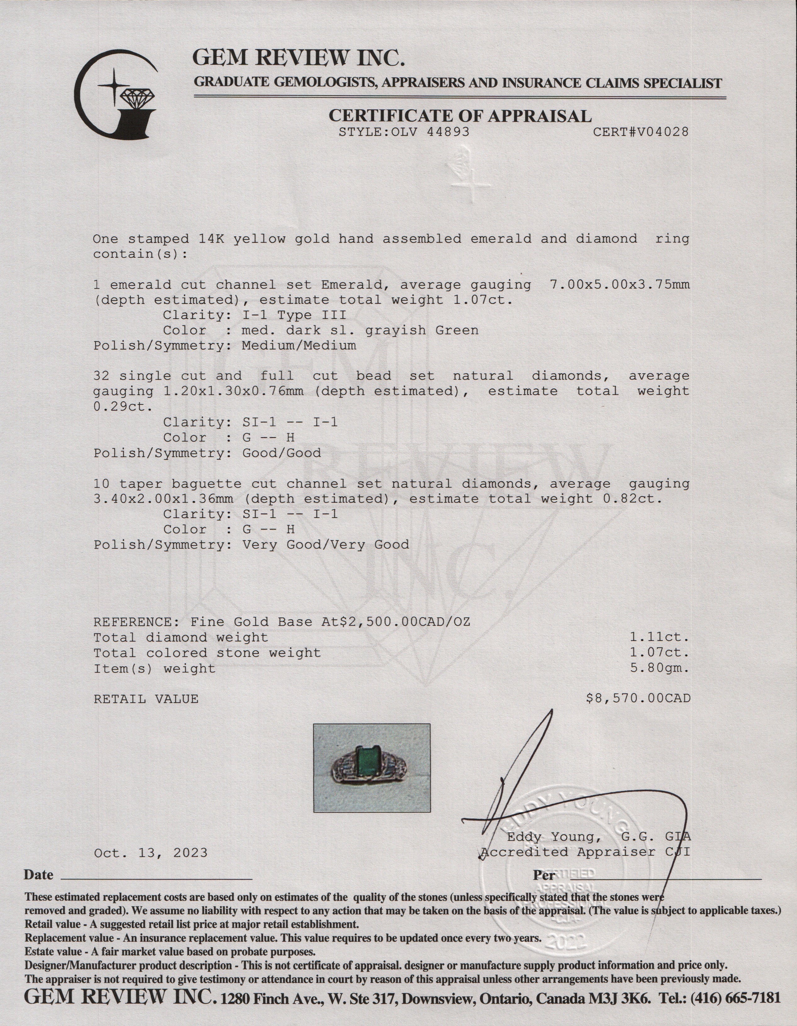 14k Yellow Gold Emerald & Diamond Cocktail Ring, Size 5.25